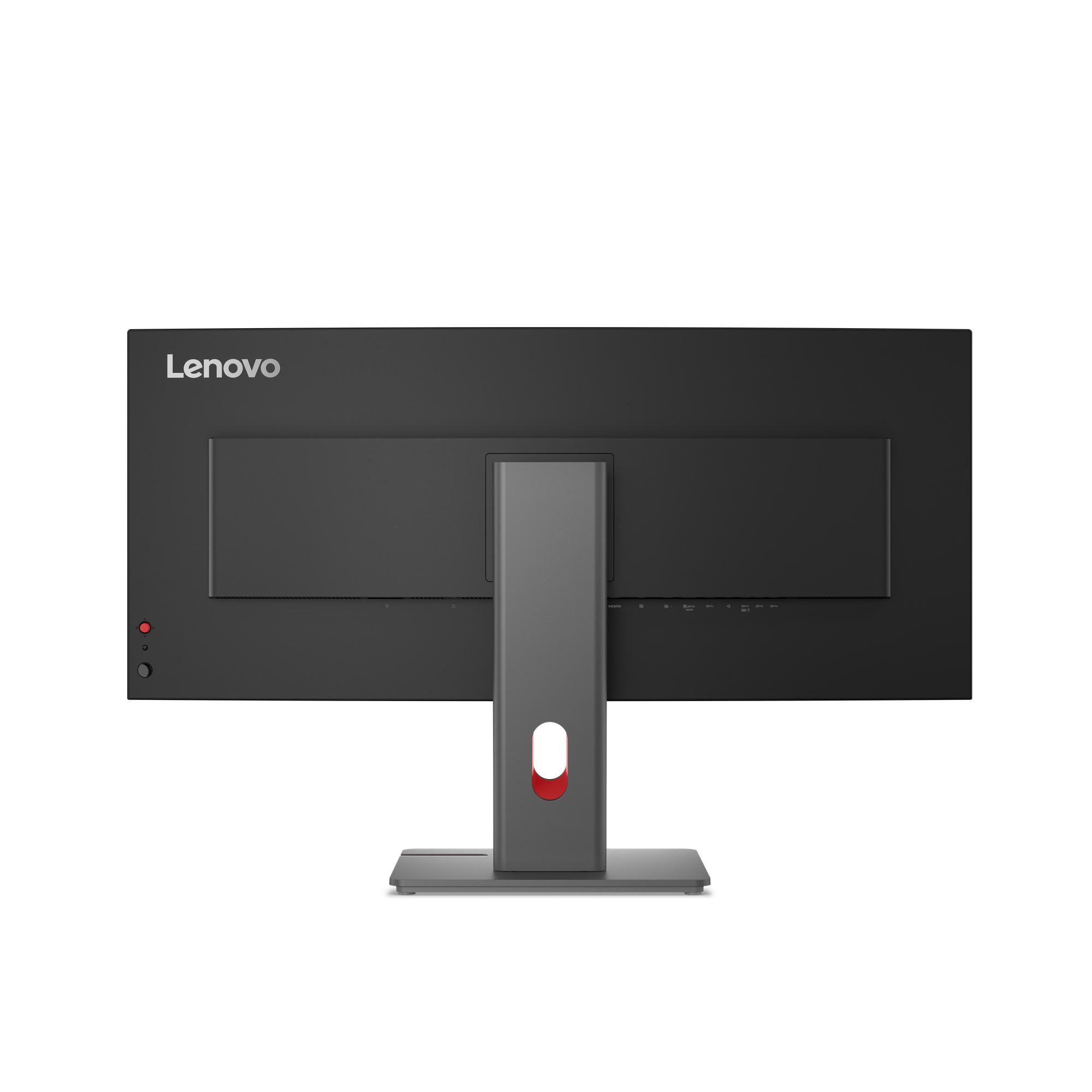 Widok z tyłu monitora Lenovo, pokazujący porty i konstrukcję podstawki, na tle zwykłego białego tła.