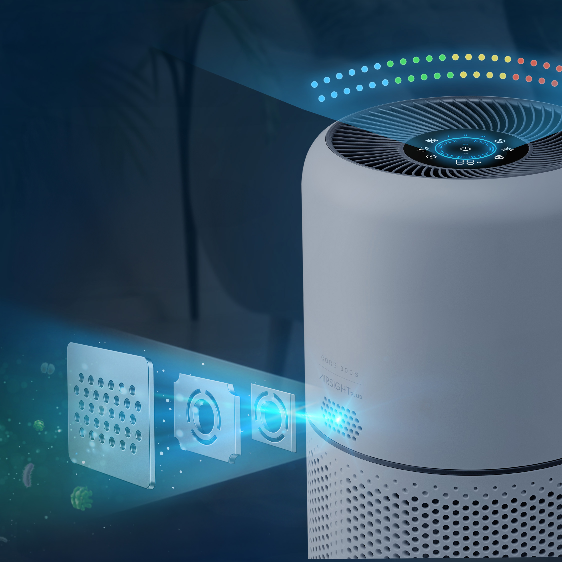 Oczyszczacz powietrza z filtrami i wskaźnikami świetlnymi.