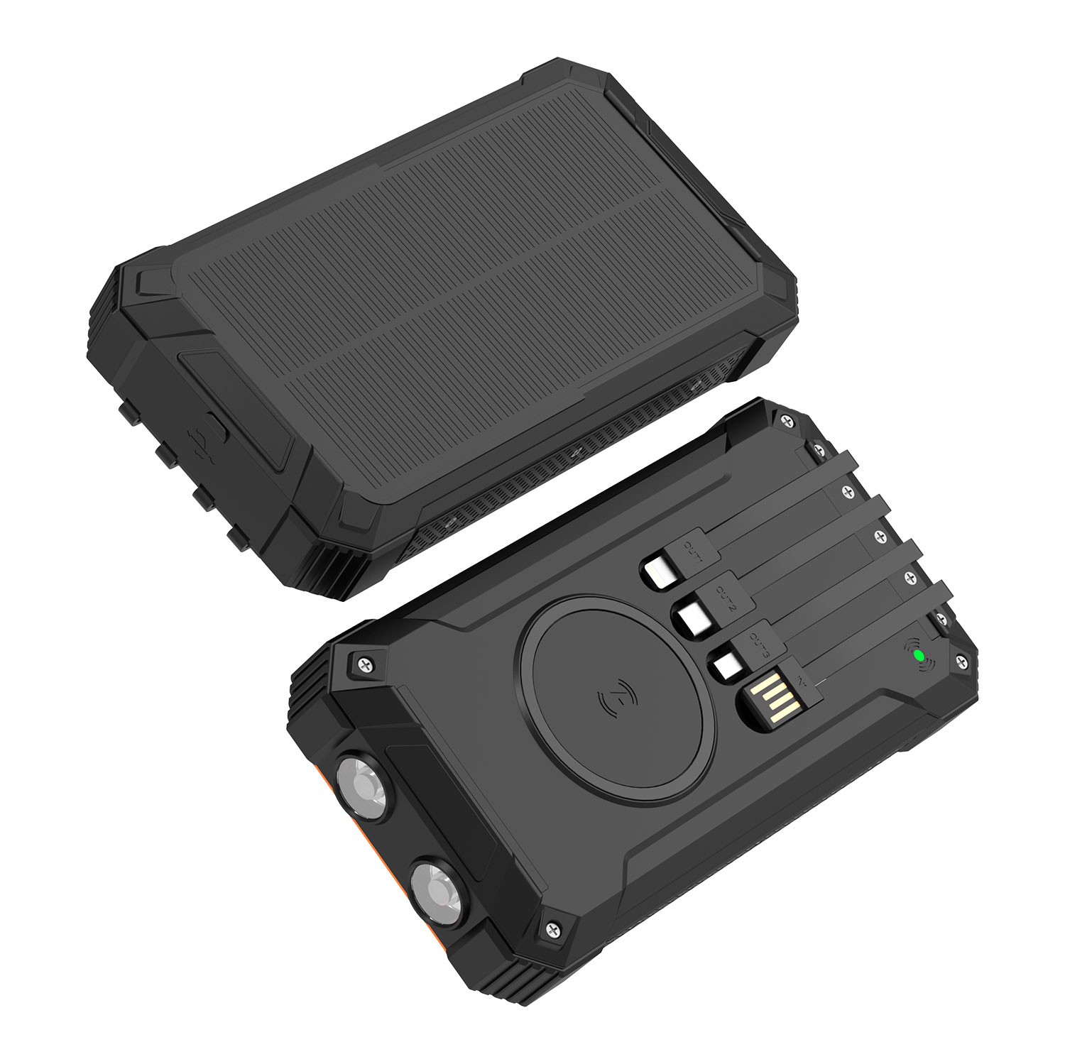 Zwarte powerbank met robuust ontwerp, twee delen.