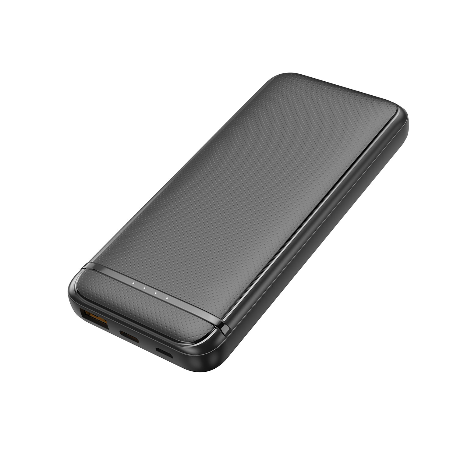 Power bank nero con superficie liscia e strutturata.