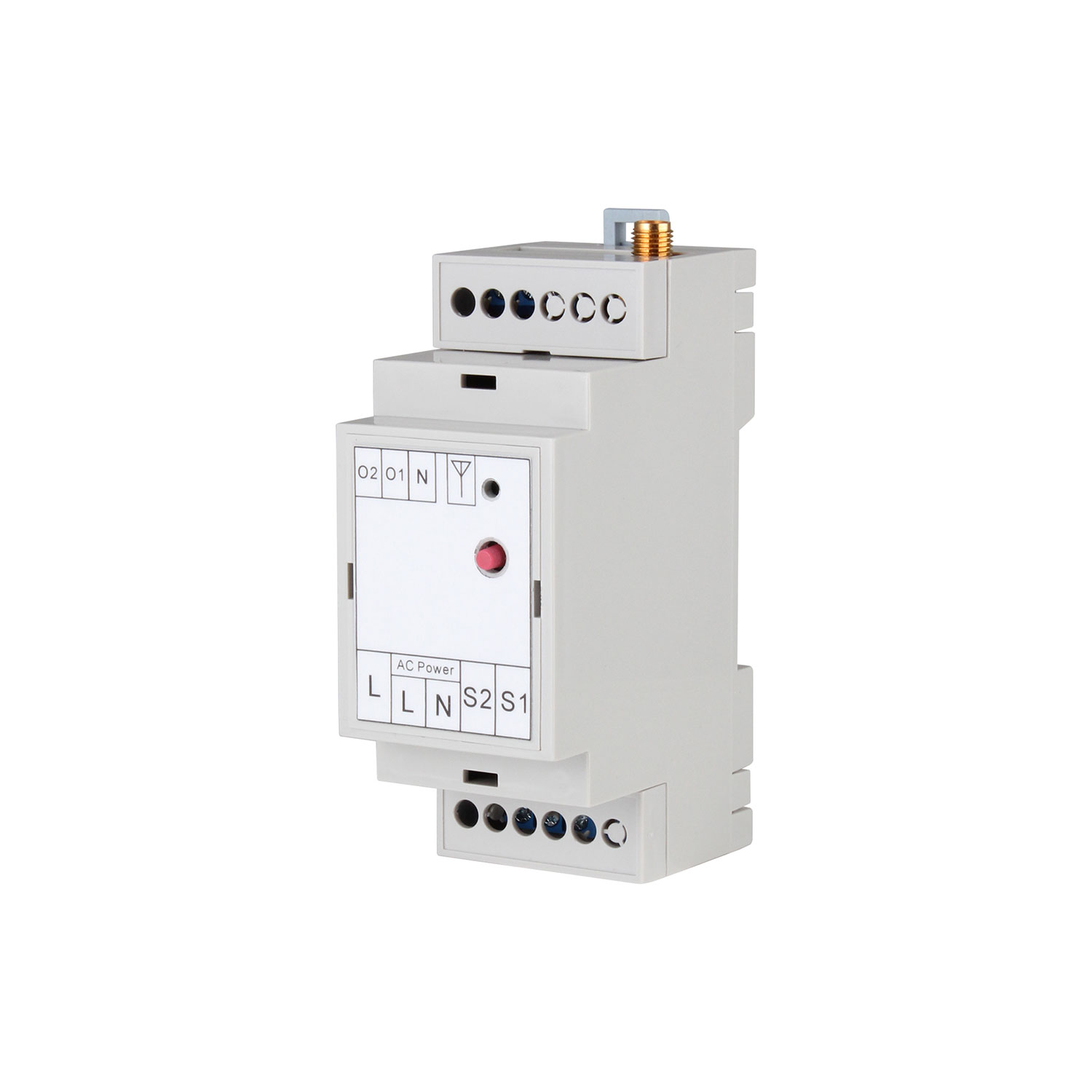 Weißes elektrisches Bauteil mit Anschlüssen und rotem Knopf.