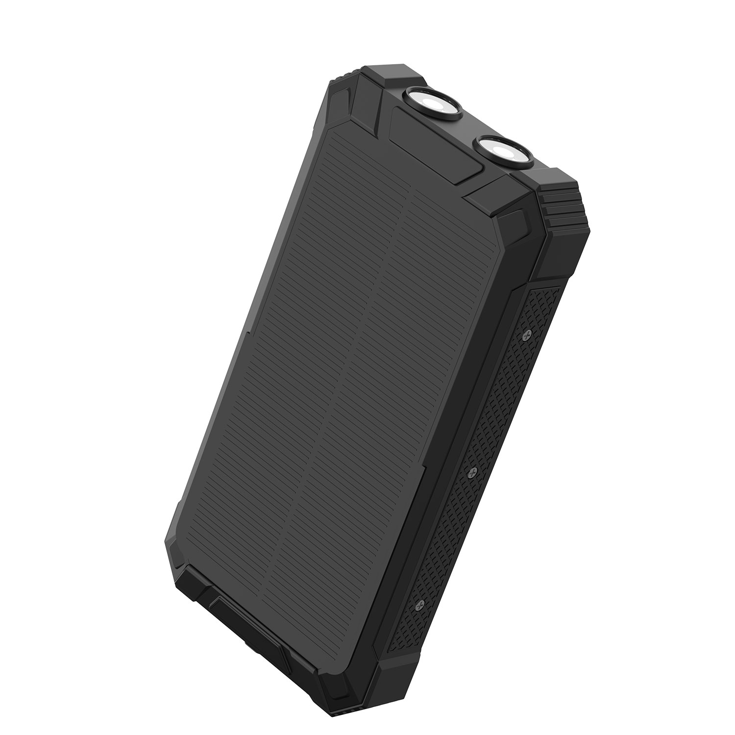 Zwarte powerbank met robuust ontwerp.