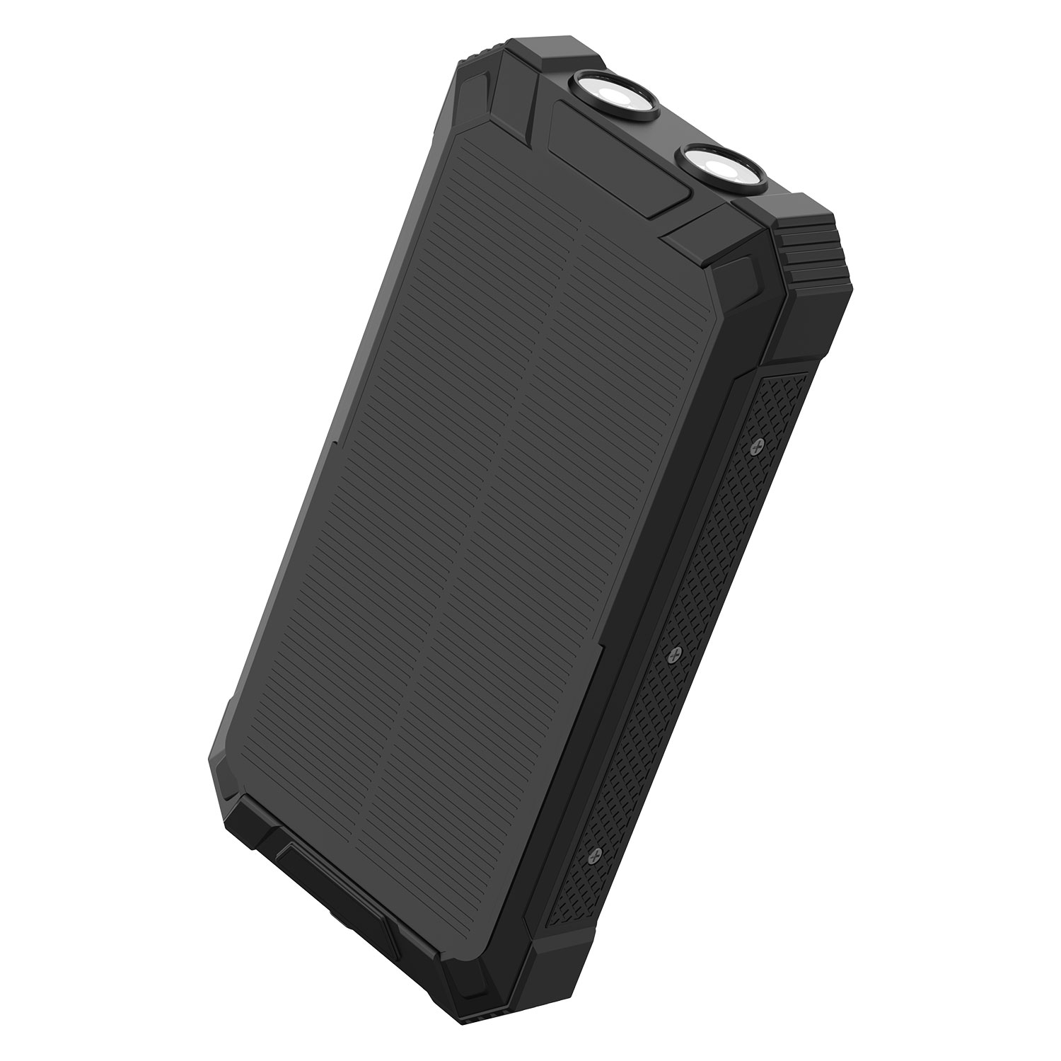 Zwarte powerbank met robuust ontwerp.