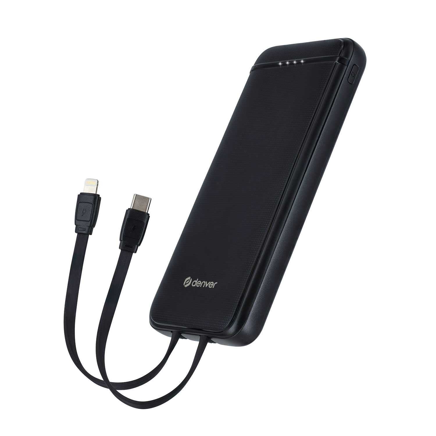 Power bank nero con cavi di ricarica.