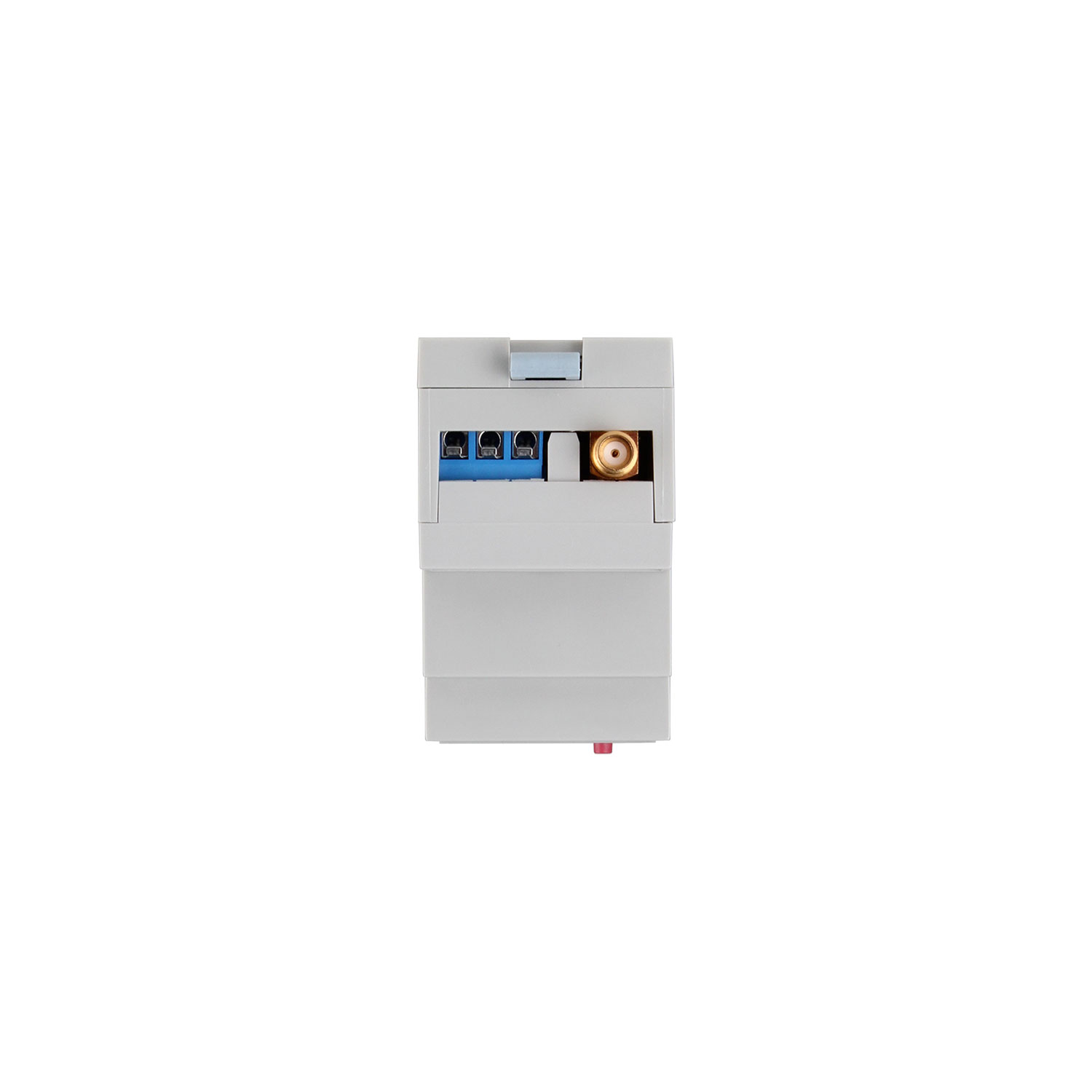 Weißes elektrisches Bauteil, Rückansicht, mit Anschlüssen.
