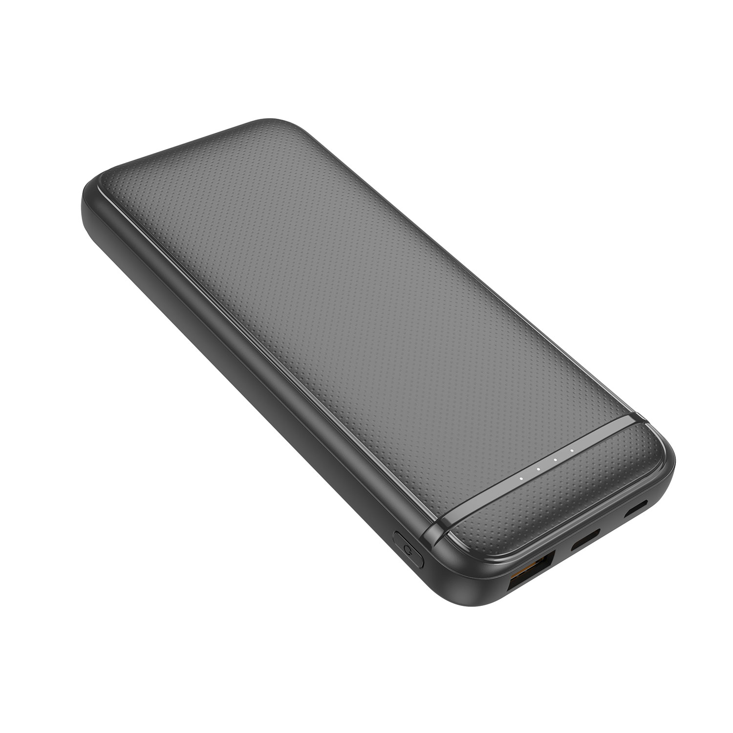 Un power bank nero con superficie strutturata su sfondo bianco.