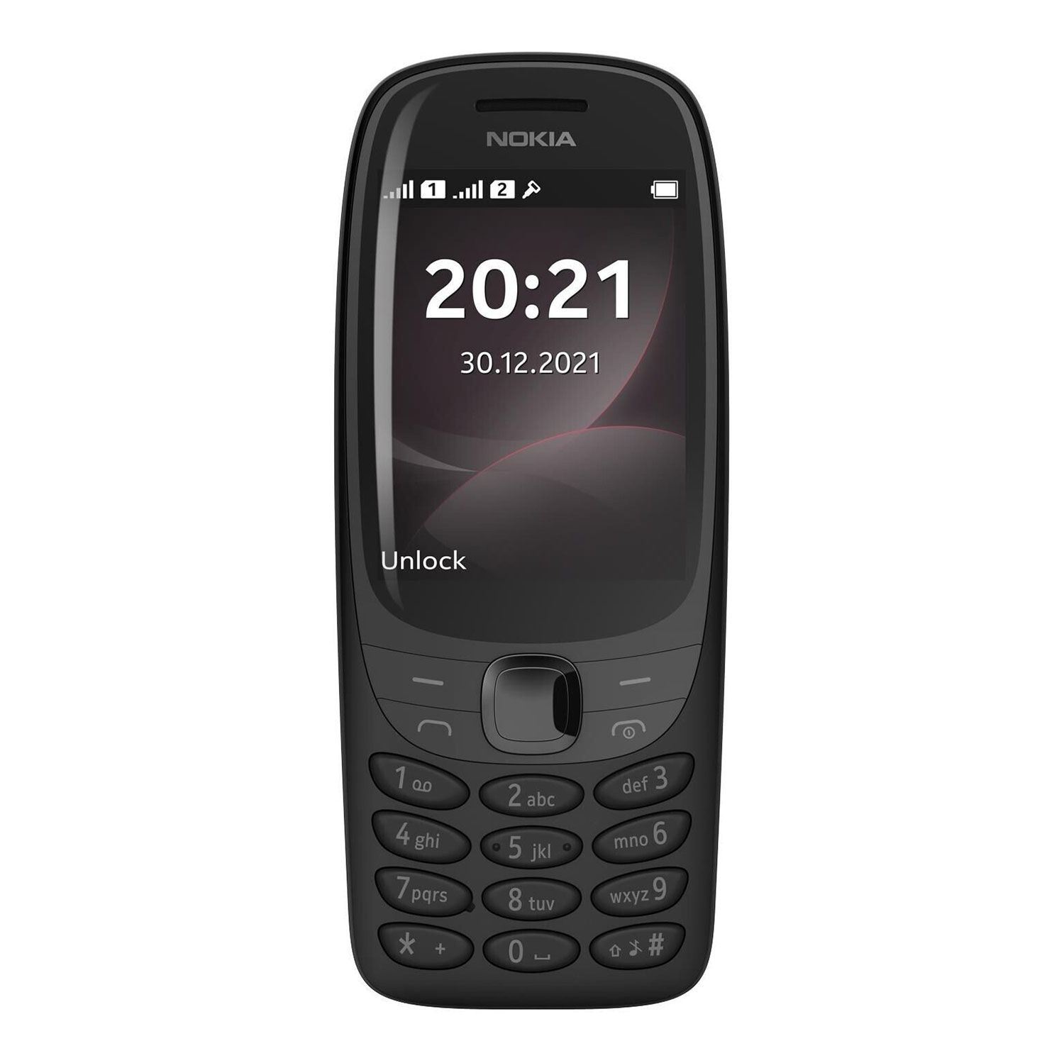 Schwarzes Nokia-Telefon mit Uhrzeit und Datum auf dem Bildschirm.