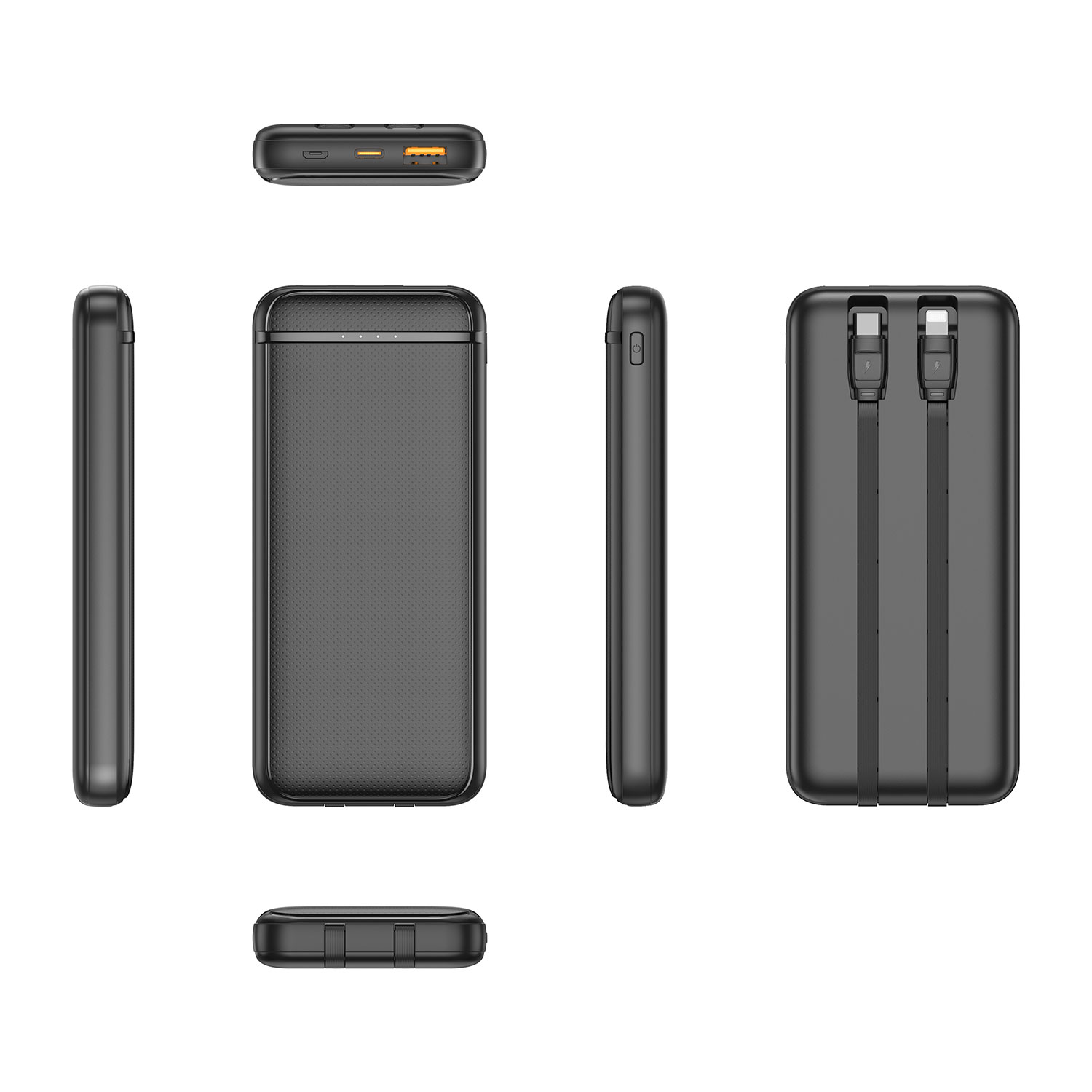 Diverse viste di un power bank nero, che mostrano lati, sopra e sotto.