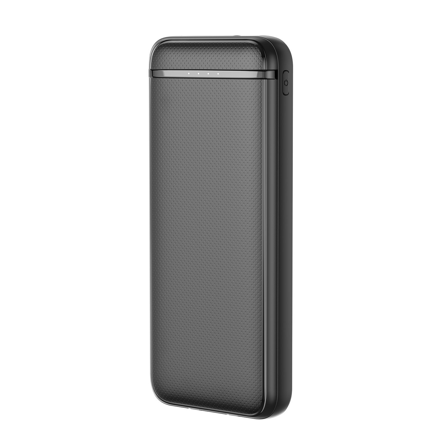 Un'inquadratura verticale di un power bank nero con superficie strutturata.
