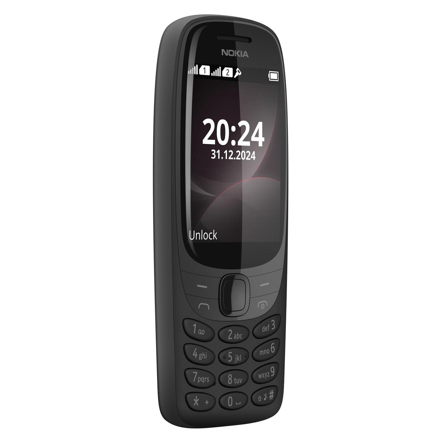 Schwarzes Nokia-Telefon mit Uhrzeit und Datum auf dem Bildschirm.