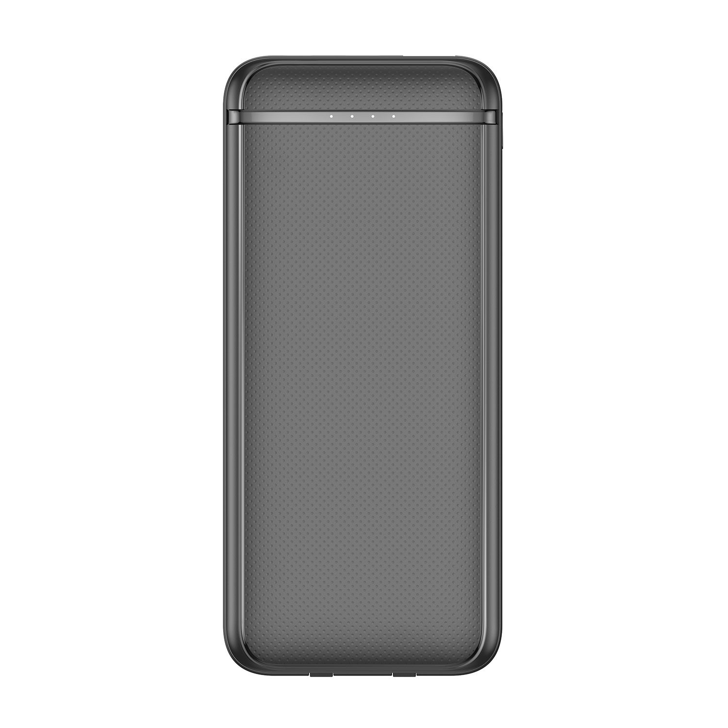 Inquadratura verticale di un power bank nero con superficie strutturata su bianco.