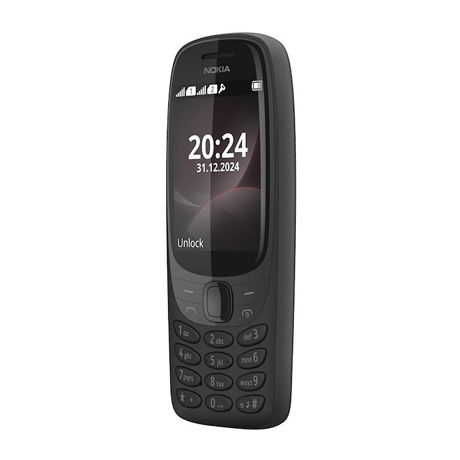 Ein schwarzes Nokia-Handy mit Bildschirm, der Zeit und Datum anzeigt, und Tastatur.