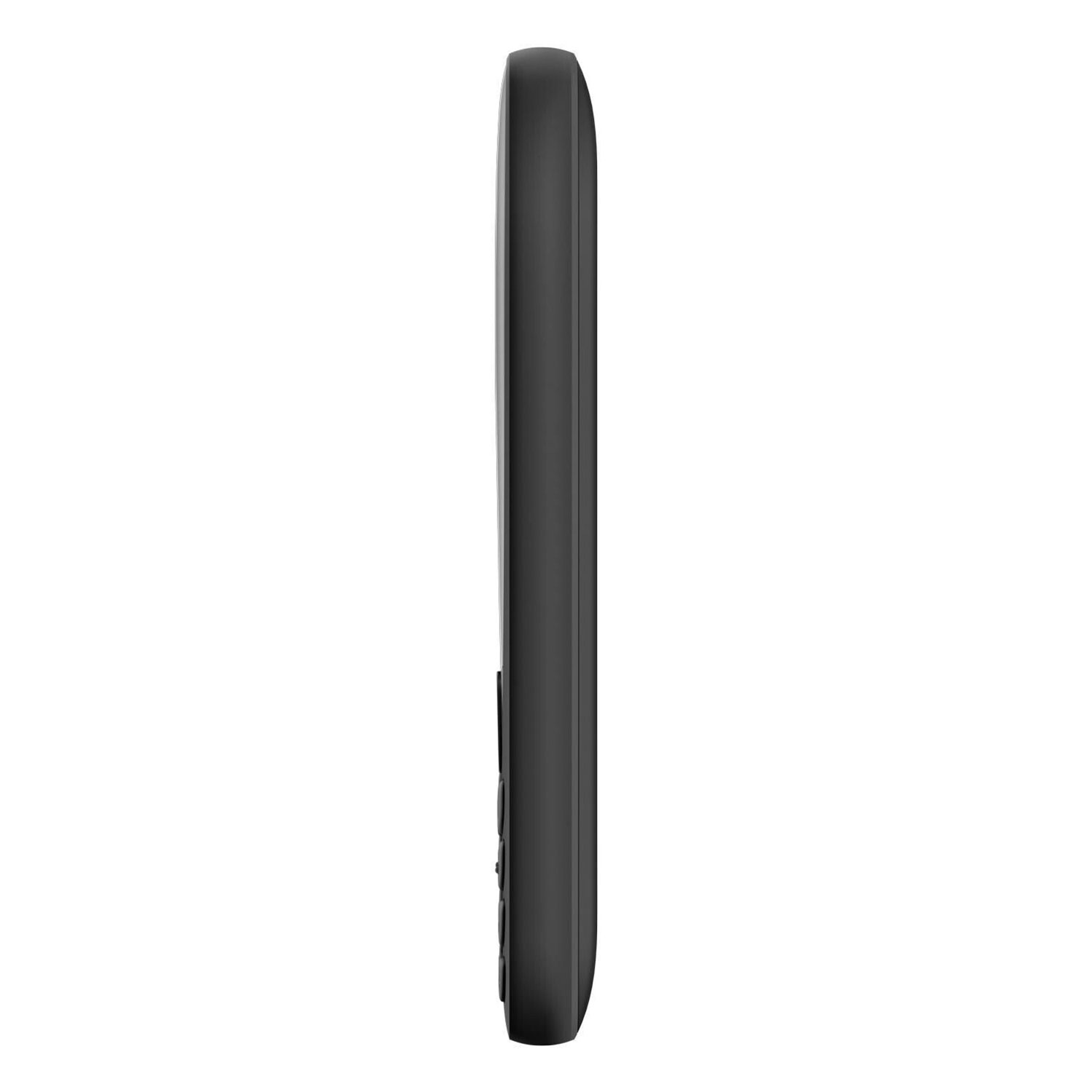 Seitenansicht eines schwarzen Mobiltelefons mit abgerundetem Design auf Weiß.