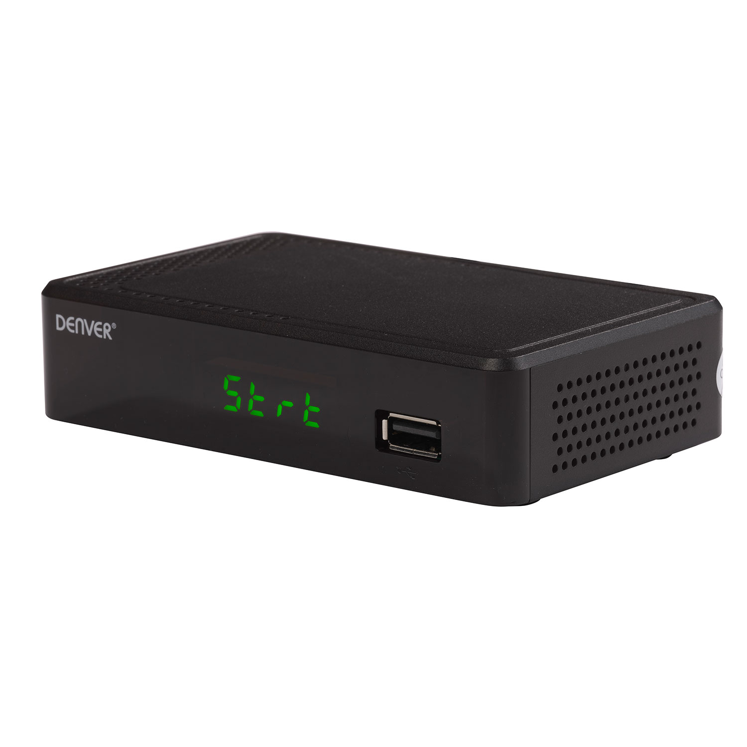 Eine schwarze Set-Top-Box mit grüner Anzeige, die Text und einen USB-Anschluss zeigt.