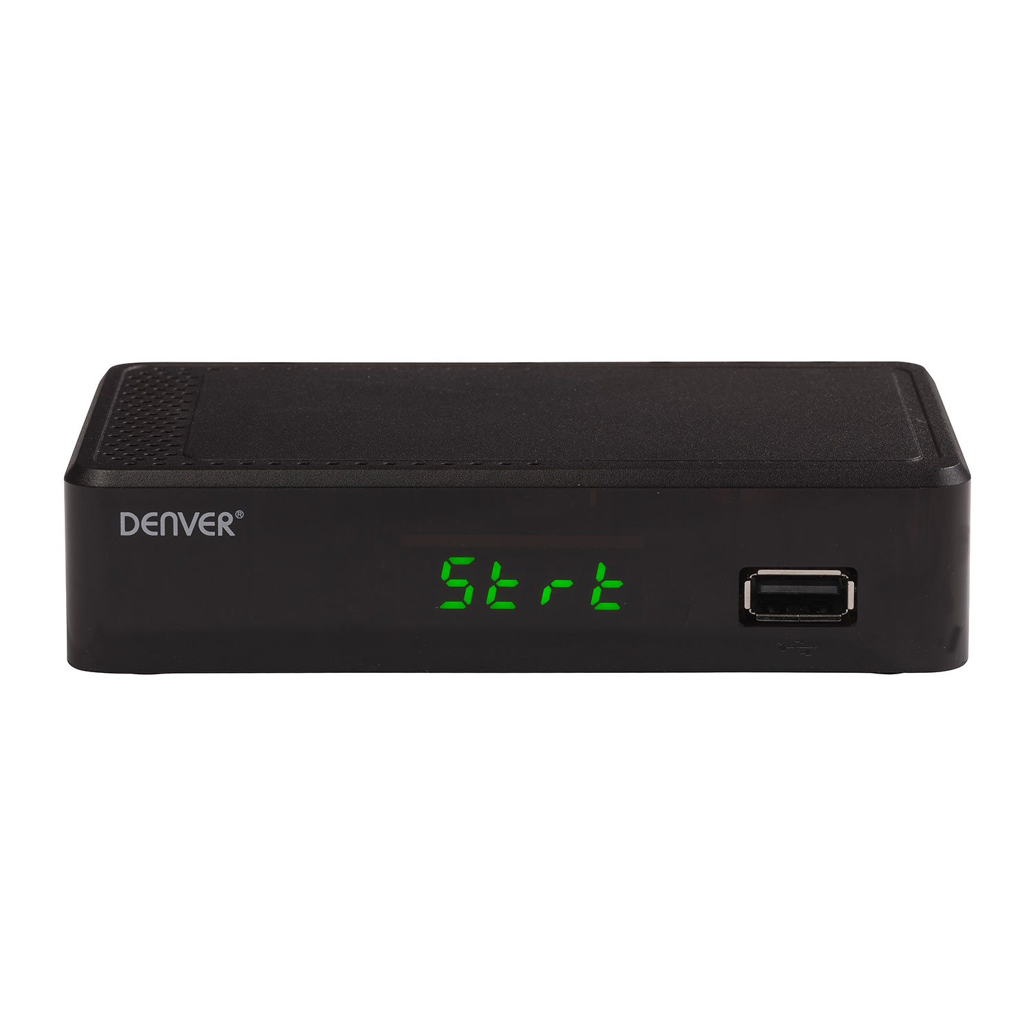 Eine schwarze Set-Top-Box mit grüner Anzeige, die Text und einen USB-Anschluss zeigt.