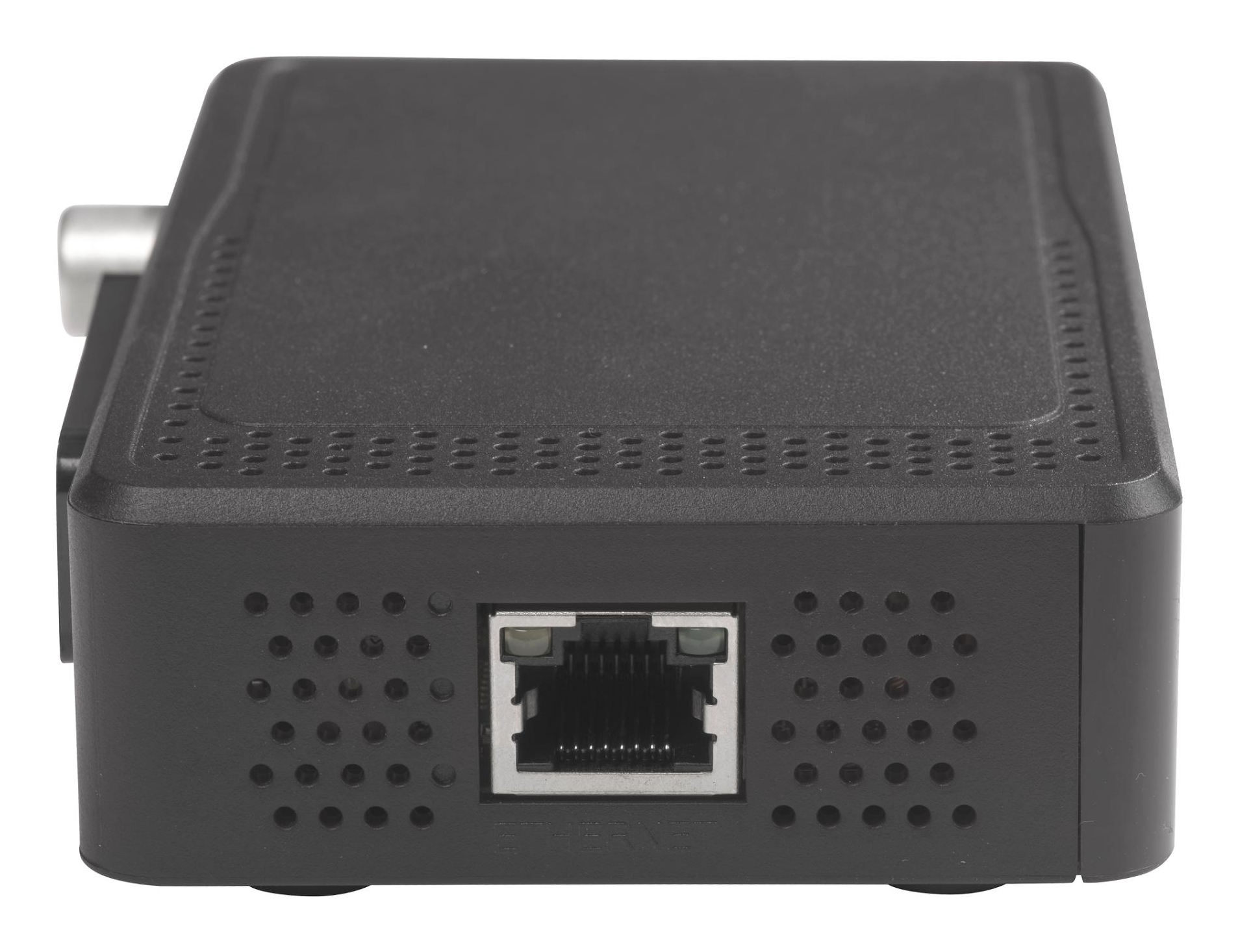 Nahaufnahme der Rückseite einer schwarzen Set-Top-Box, die den Ethernet-Anschluss und die Lüftungslöcher zeigt.