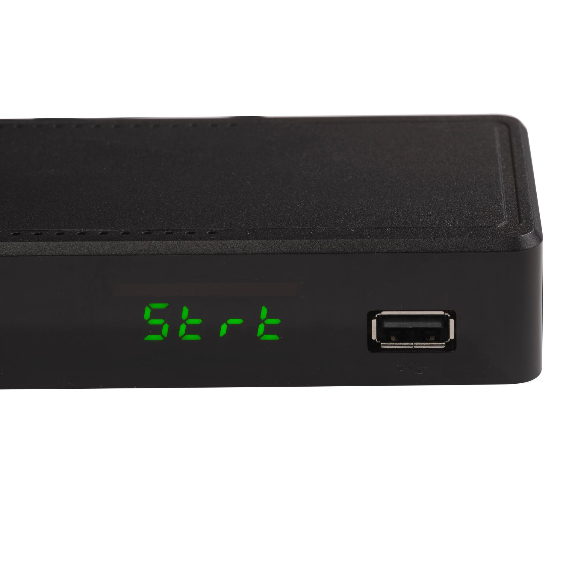 Ein schwarzes Gerät mit einer grünen Anzeige, die den Text 'Start' und einen USB-Anschluss zeigt.