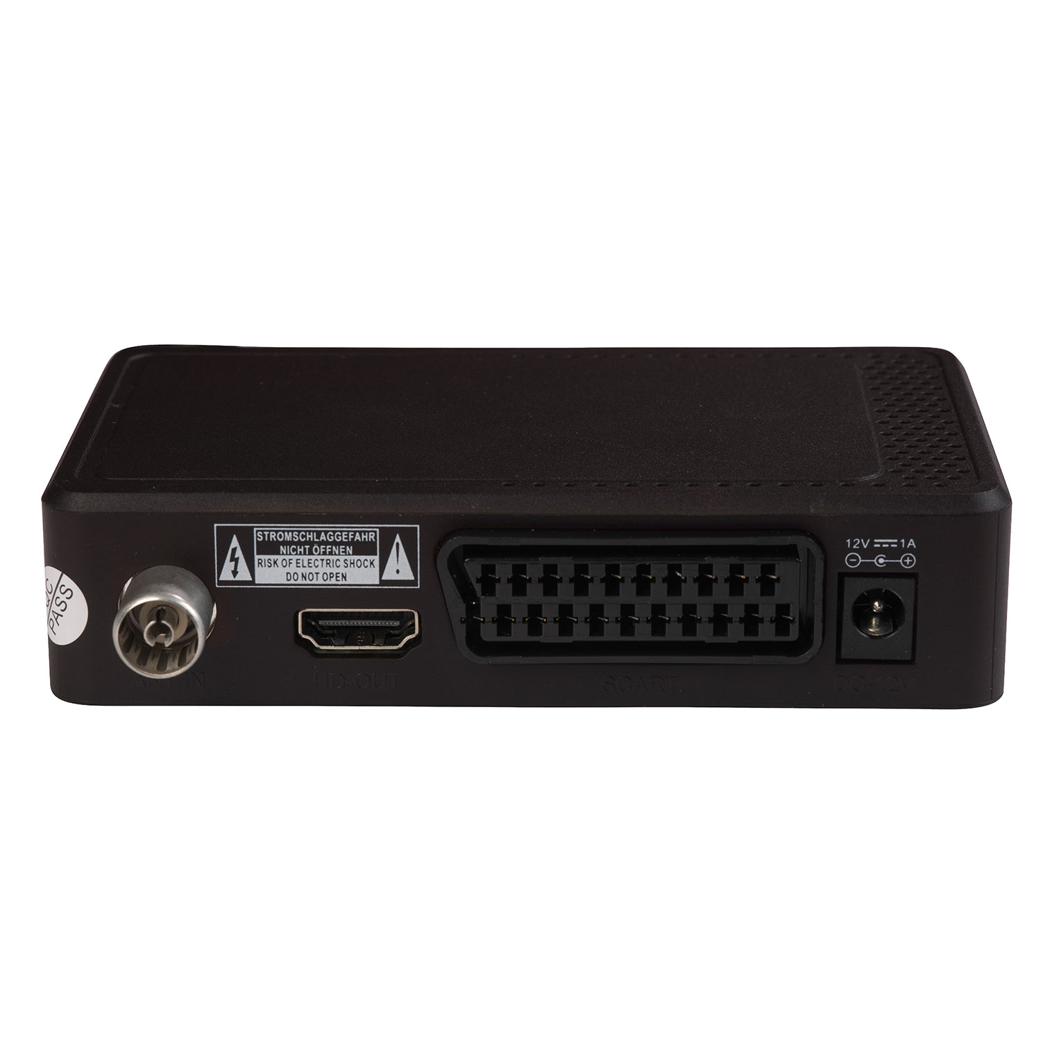 Die Rückseite einer schwarzen Set-Top-Box mit verschiedenen Anschlüssen, darunter HDMI, SCART und ein Stromeingang.