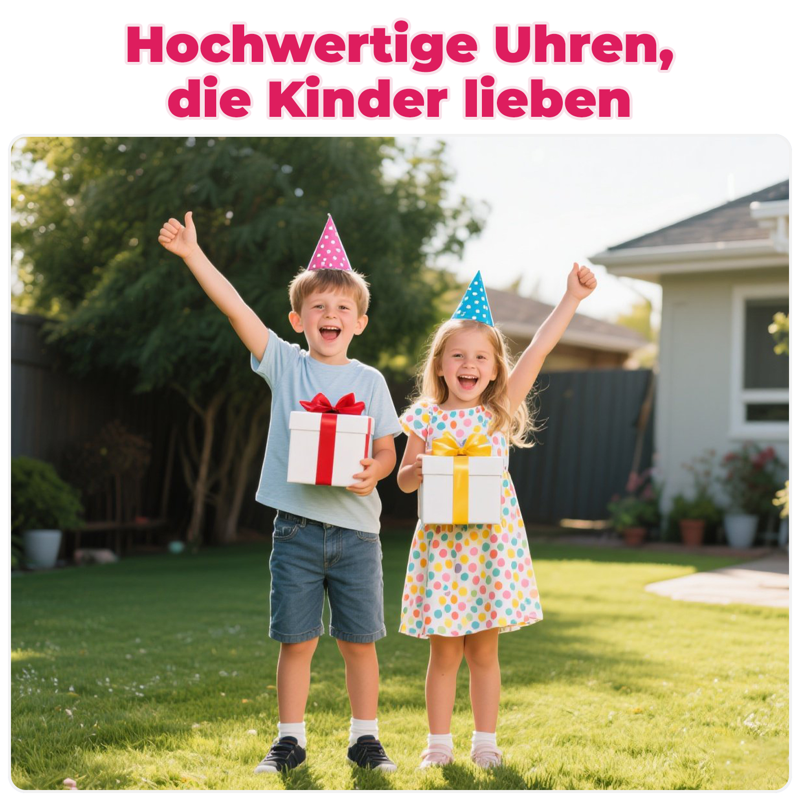 Zwei Kinder feiern mit Partyhüten und Geschenken in einem Garten mit grünem Gras.