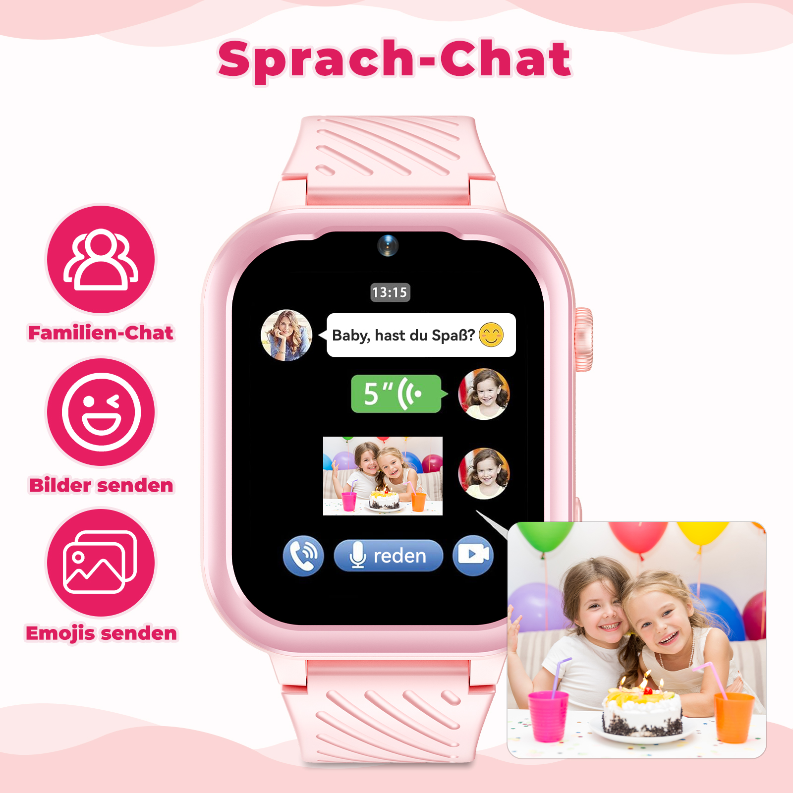 Eine rosa Smartwatch zeigt einen Chat mit Mädchen. Die Uhr zeigt Emojis und ein Familien-Chat-Symbol.