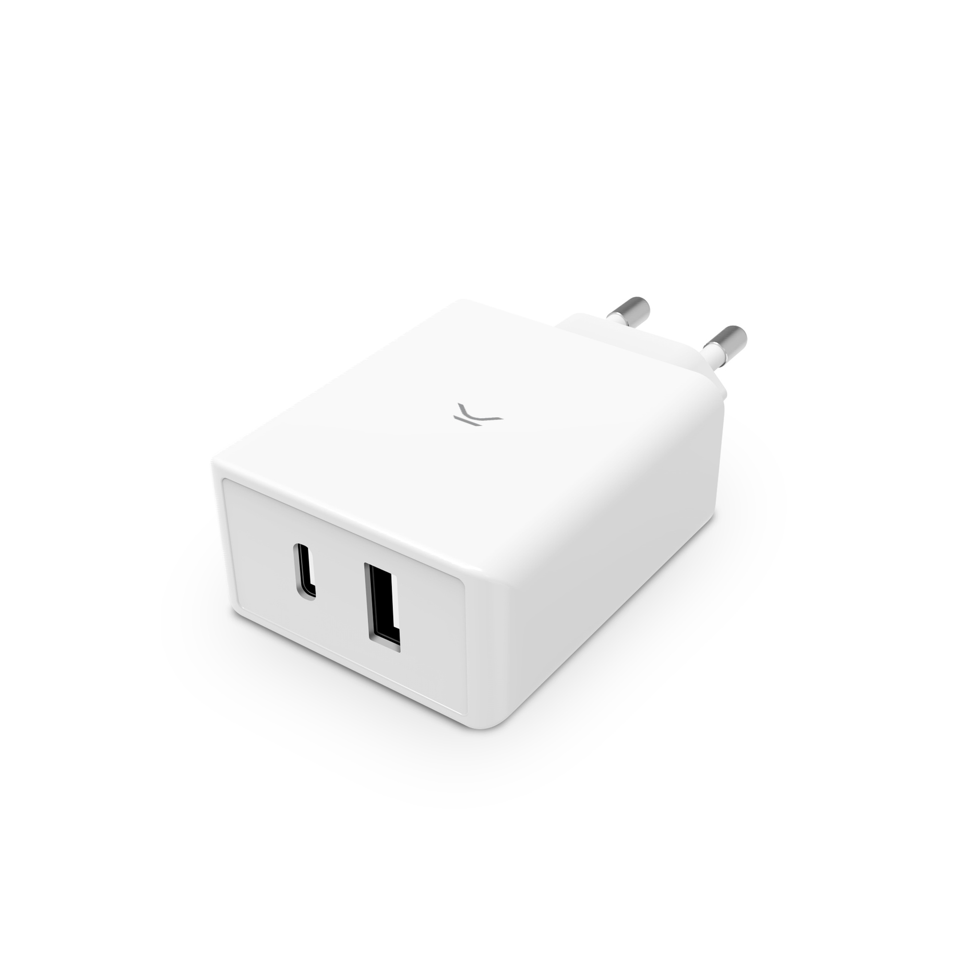 Un adaptador de corriente blanco con un puerto USB-C y un puerto USB. El adaptador está sobre un fondo blanco.