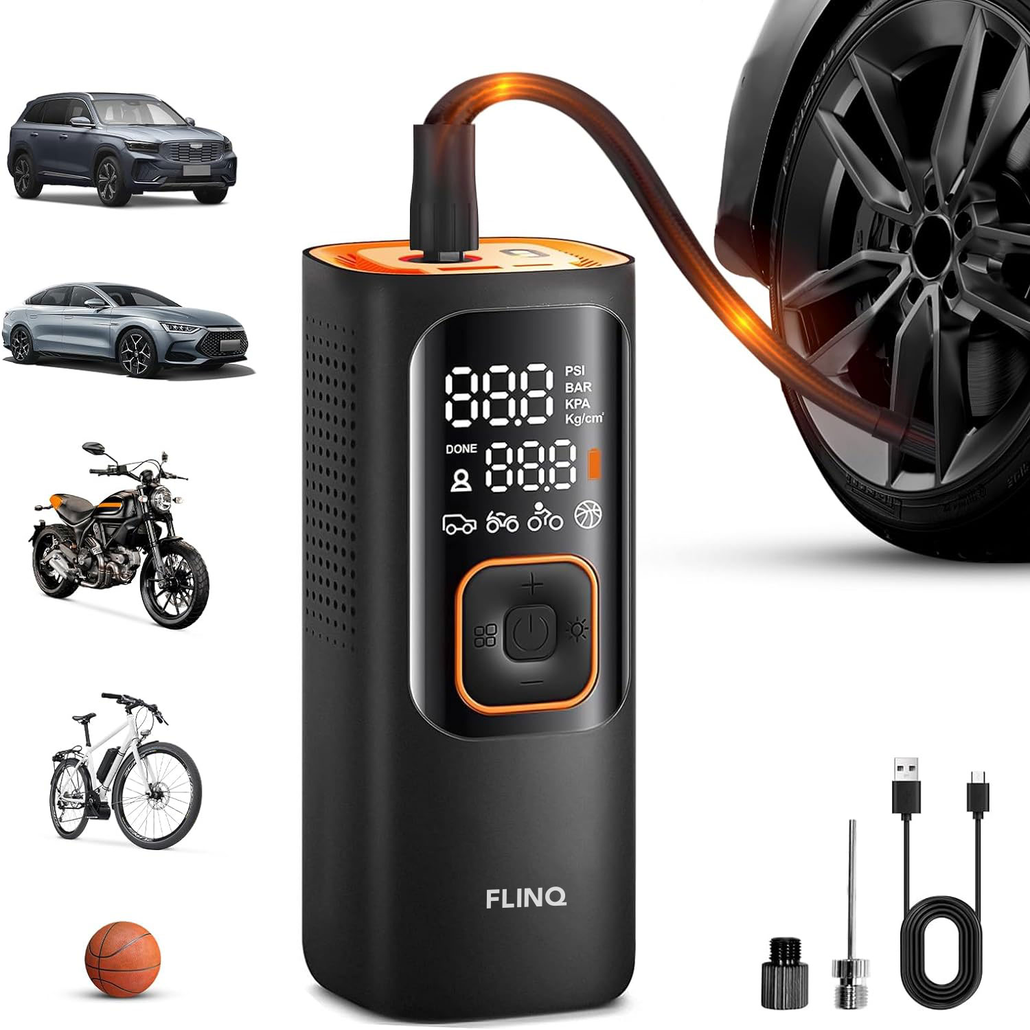 Zwarte en oranje luchtpomp met digitaal display, aangesloten op een band. Auto's, motor, fiets en basketbal ernaast.