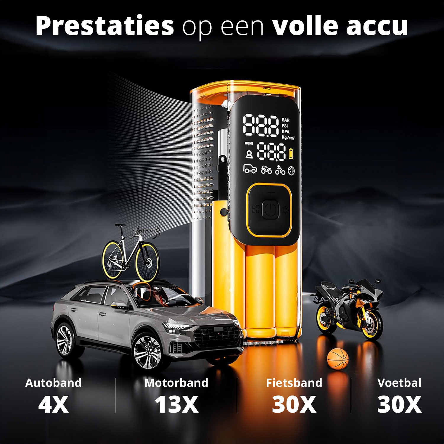 Afbeelding toont een luchtpomp met digitaal display, en diverse voertuigen: auto, motor, fiets en bal, die oppomptijden aangeven.
