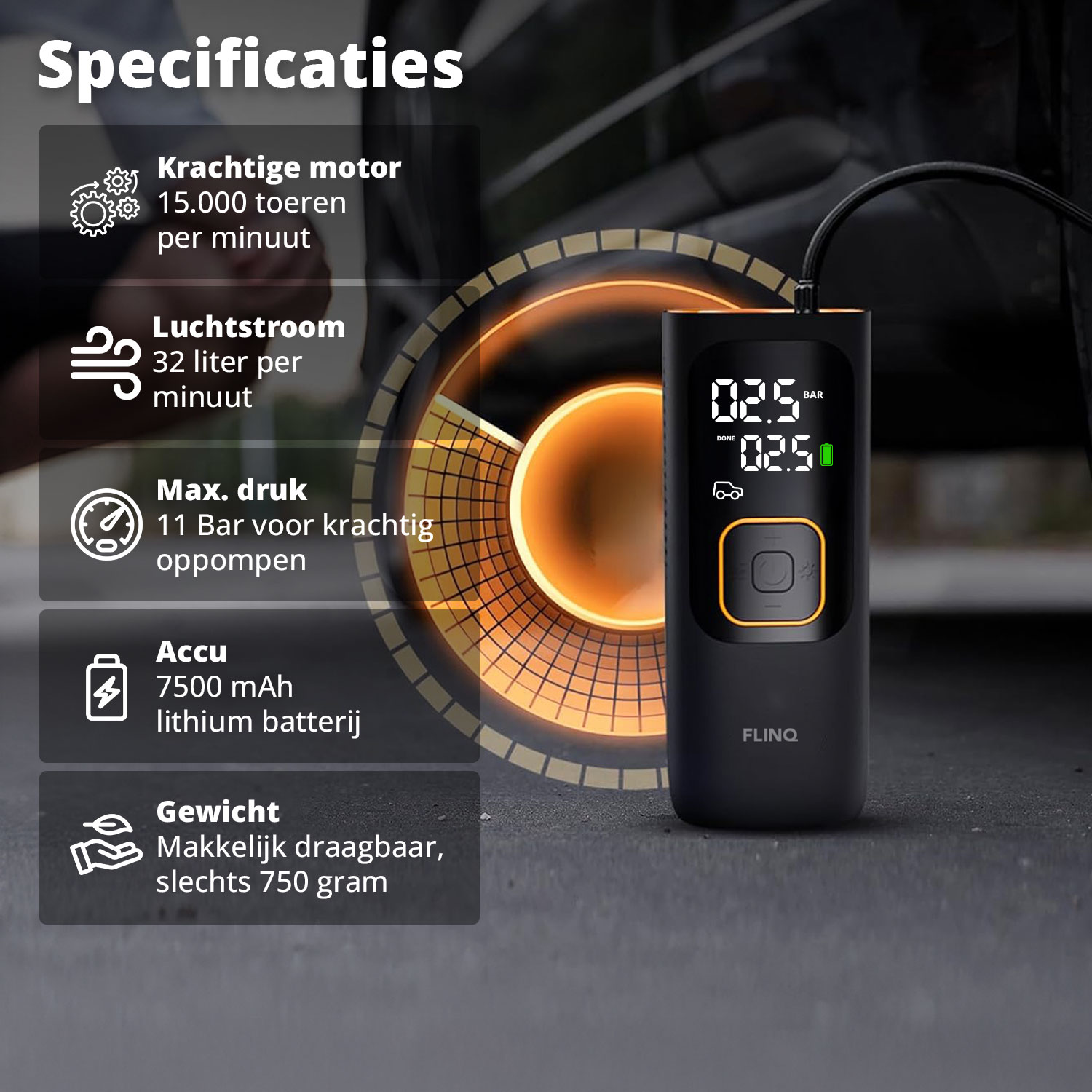 Een luchtpomp met specificaties: krachtige motor, luchtstroom, max. druk, batterijcapaciteit en gewicht. Display toont 02,5 bar.
