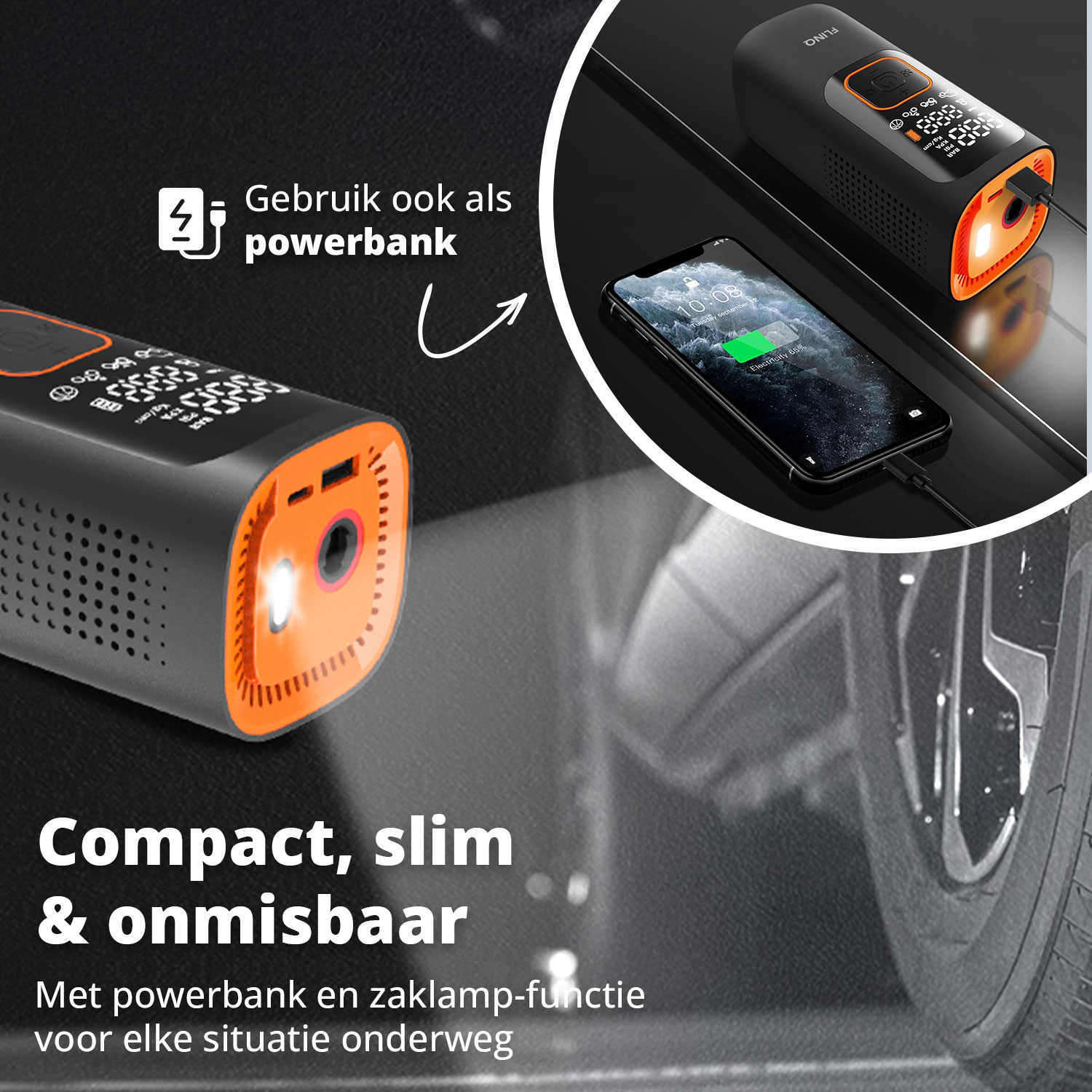 Afbeelding toont een luchtpomp met een digitaal display en een telefoon die oplaadt. Tekst stelt dat de luchtpomp als powerbank gebruikt kan worden.