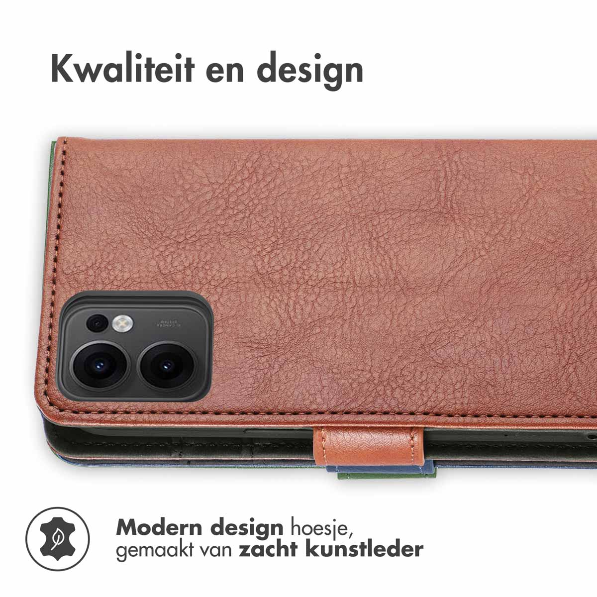 Een bruine leren telefoonhoes met een camera-uitsparing. Tekst luidt 'Kwaliteit en design' en 'Modern design hoesje, gemaakt van zacht kunstleder'.