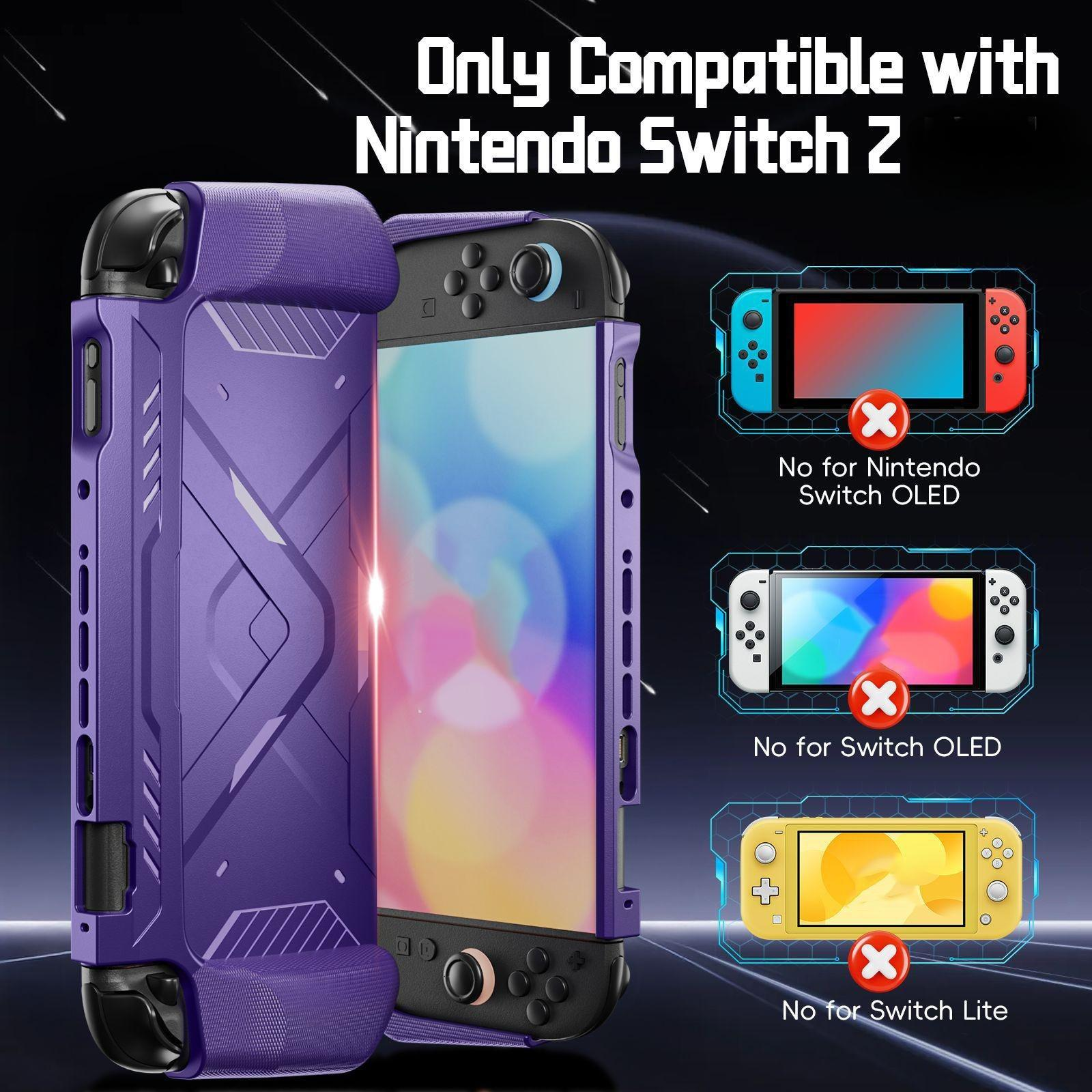Ein lila Switch-Gehäuse mit einer Switch darin und Text: Nur kompatibel mit Nintendo Switch Z. Drei Konsolentypen sind durchgestrichen.