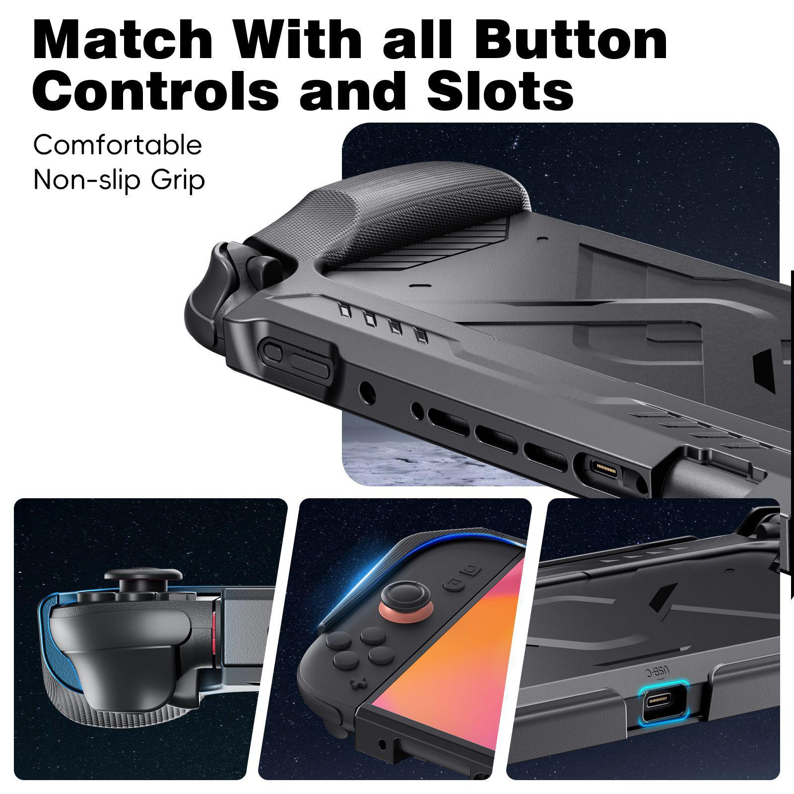 Nahaufnahmen zeigen: einen Gamecontroller, eine Konsole mit Bildschirm und USB-C-Anschluss. Text lautet 'Passend zu allen Tastensteuerungen'.