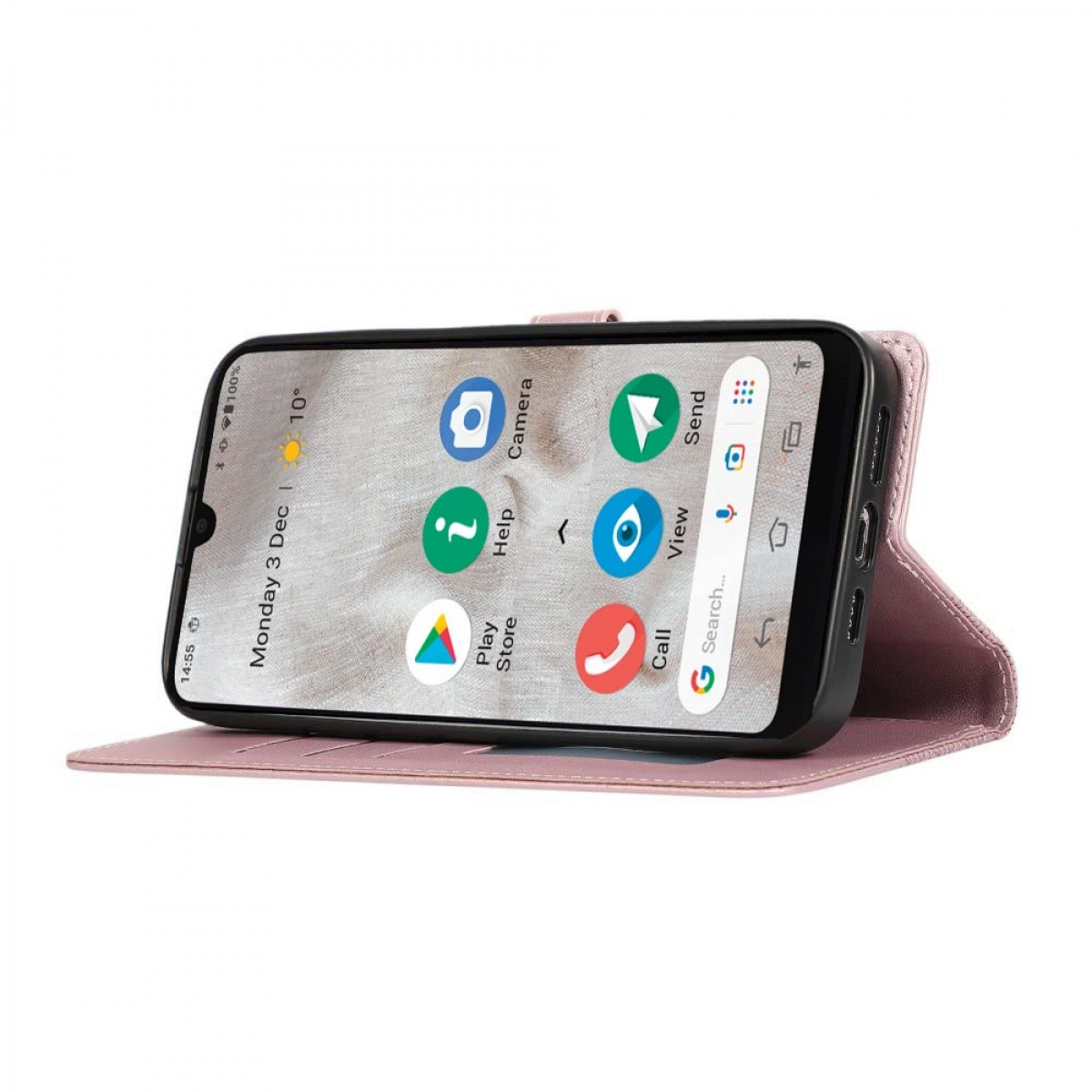 Eine pinke Handyhülle mit Smartphone darin. Das Telefon zeigt eine Oberfläche mit App-Symbolen an.