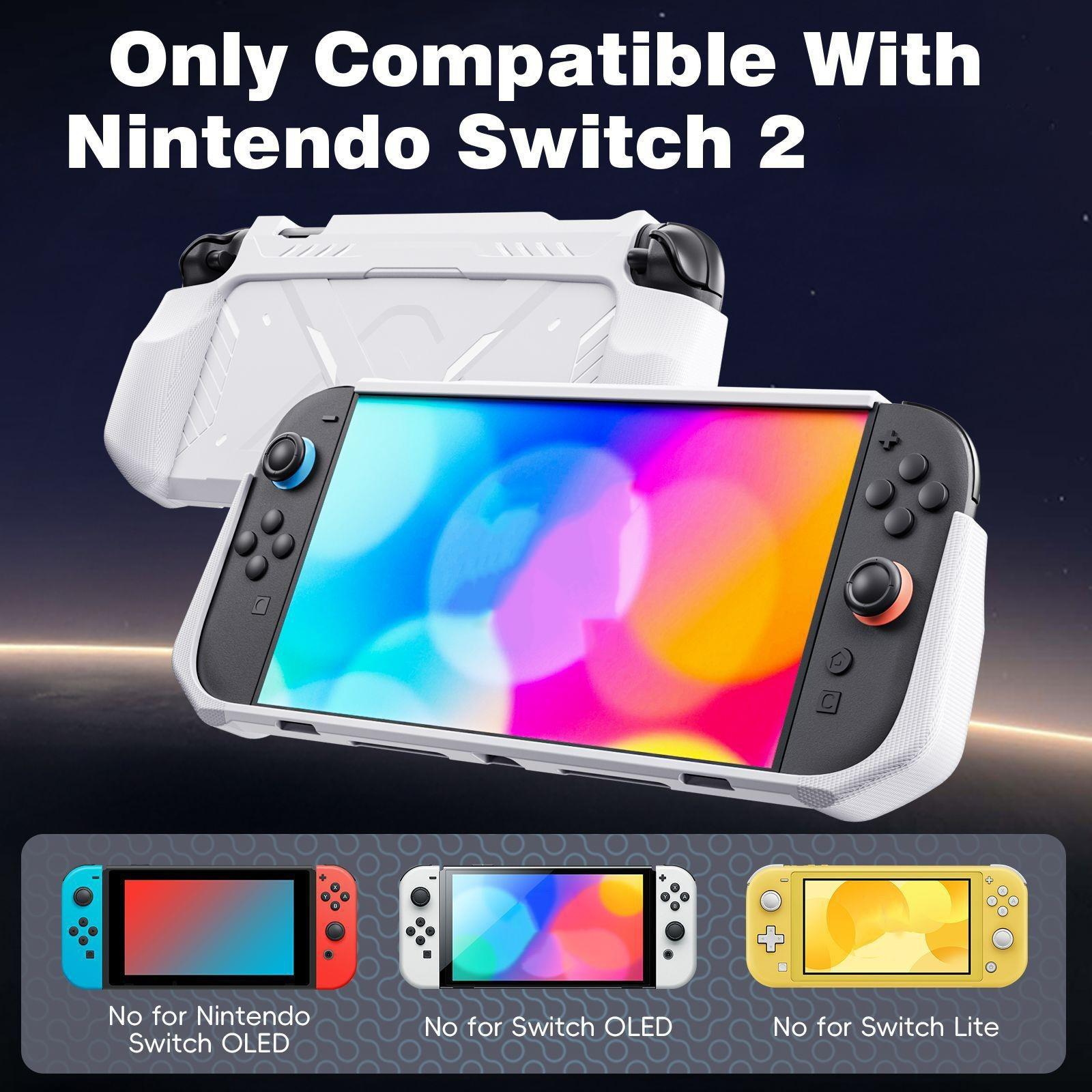 Ein Nintendo Switch 2 mit weißem Gehäuse und drei Konsolenoptionen darunter: Switch OLED, Switch und Switch Lite.