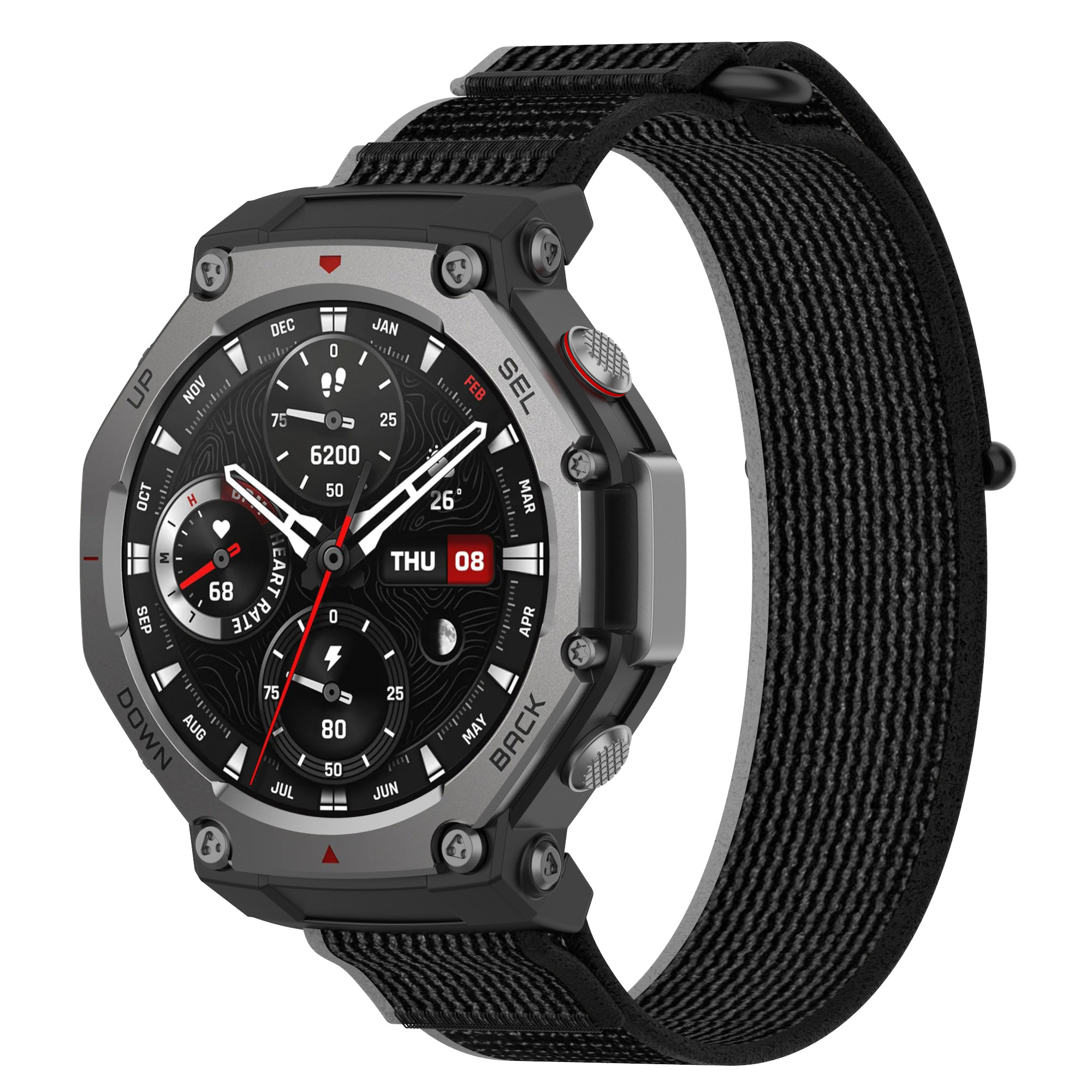 Eine schwarz-graue Smartwatch mit schwarzem Armband. Das Zifferblatt zeigt mehrere Datenausgaben und das Datum an.