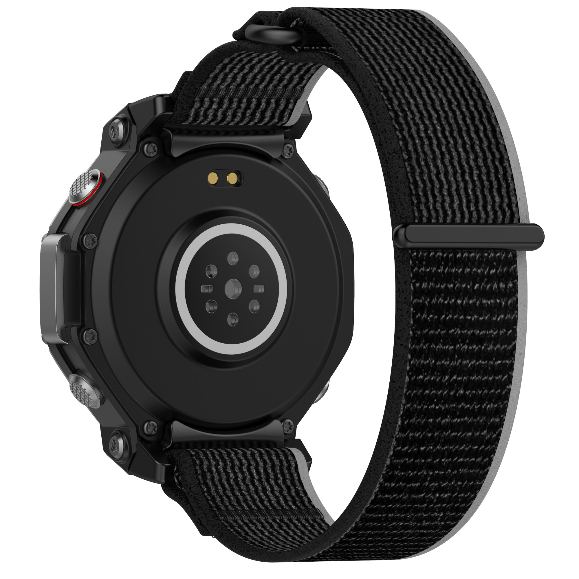 Die Rückseite einer schwarzen Smartwatch mit angebrachtem schwarzen Armband. Die Rückseite zeigt die Sensoren und die Bandbefestigungspunkte.