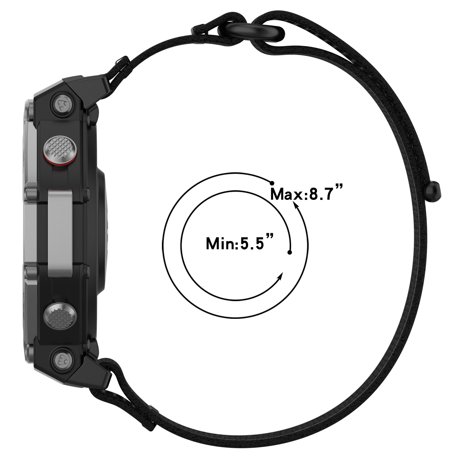 Eine schwarze Smartwatch, die den Handgelenkgrößenbereich von 5,5 bis 8,7 Zoll anzeigt.