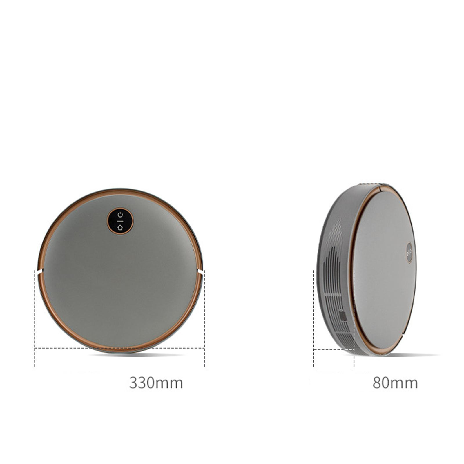 Zwei Ansichten eines grauen Roboterstaubsaugers: oben und Seite. Abmessungen sind 330 mm und 80 mm.
