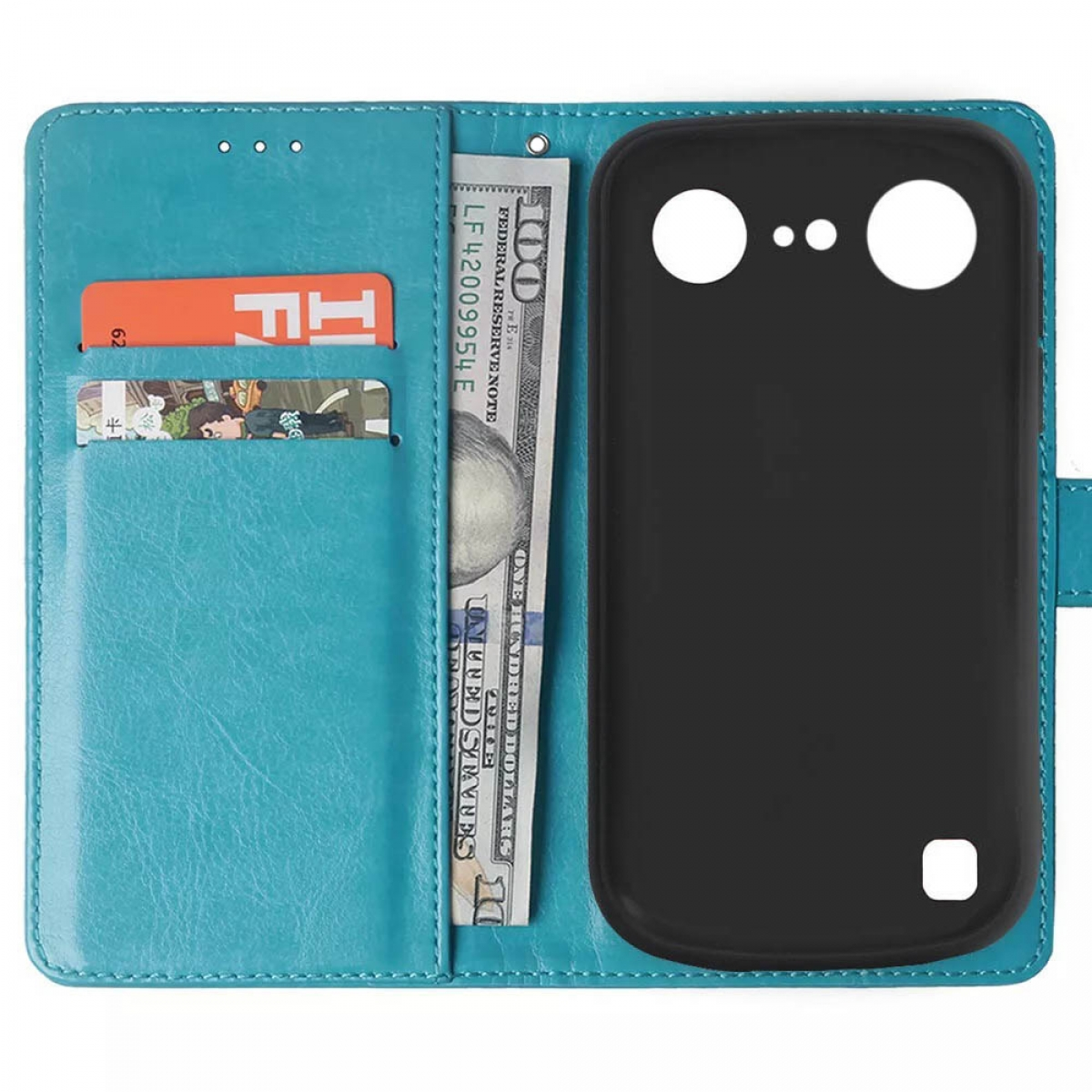 Geöffnete tealfarbene Brieftasche mit Karten, 100-Dollar-Schein und schwarzem Telefonslot. Es ist ein Lederetui.