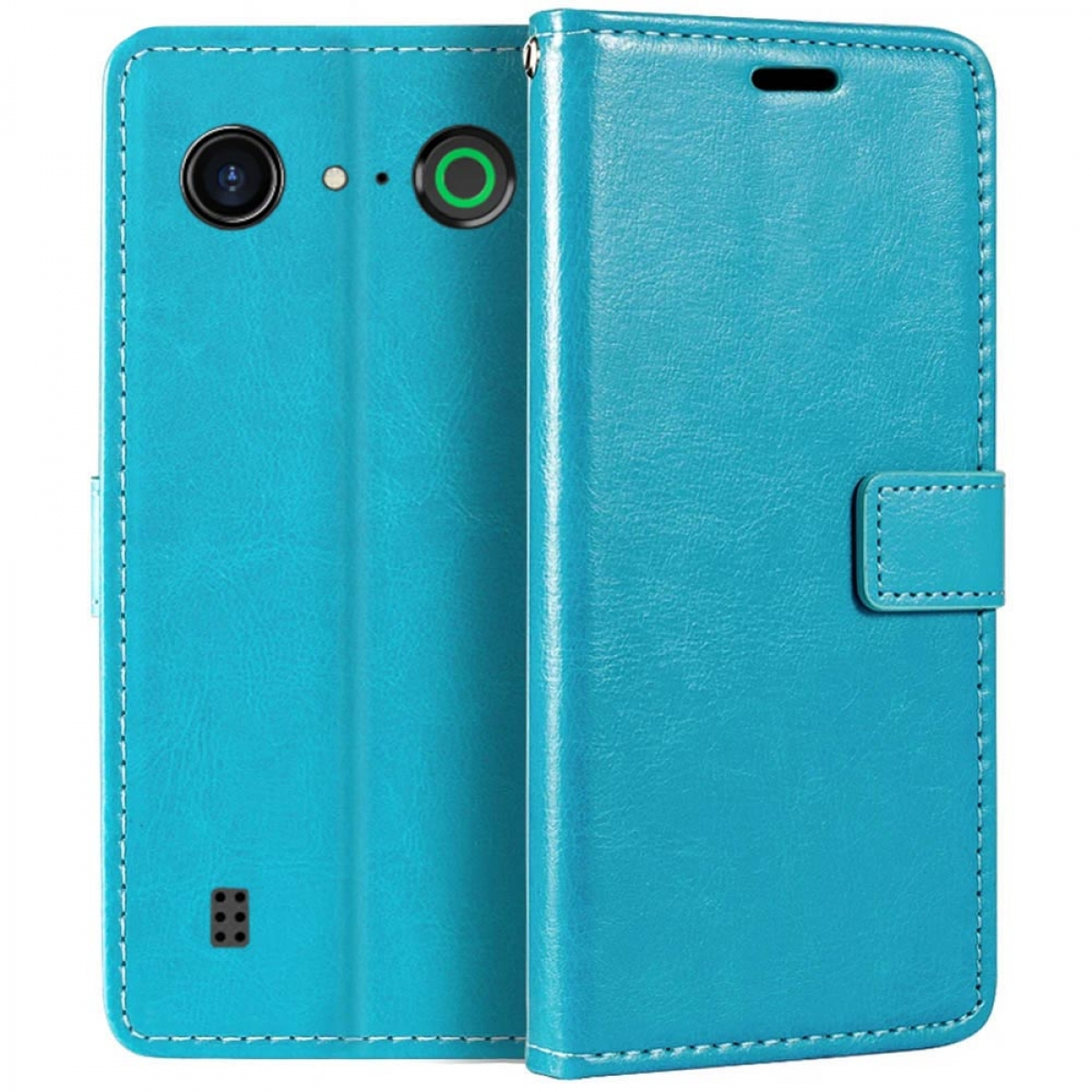 Blaue Leder-Handyhülle, mit Kamera- und Knopfausschnitten. Geöffnet, mit Klappe.