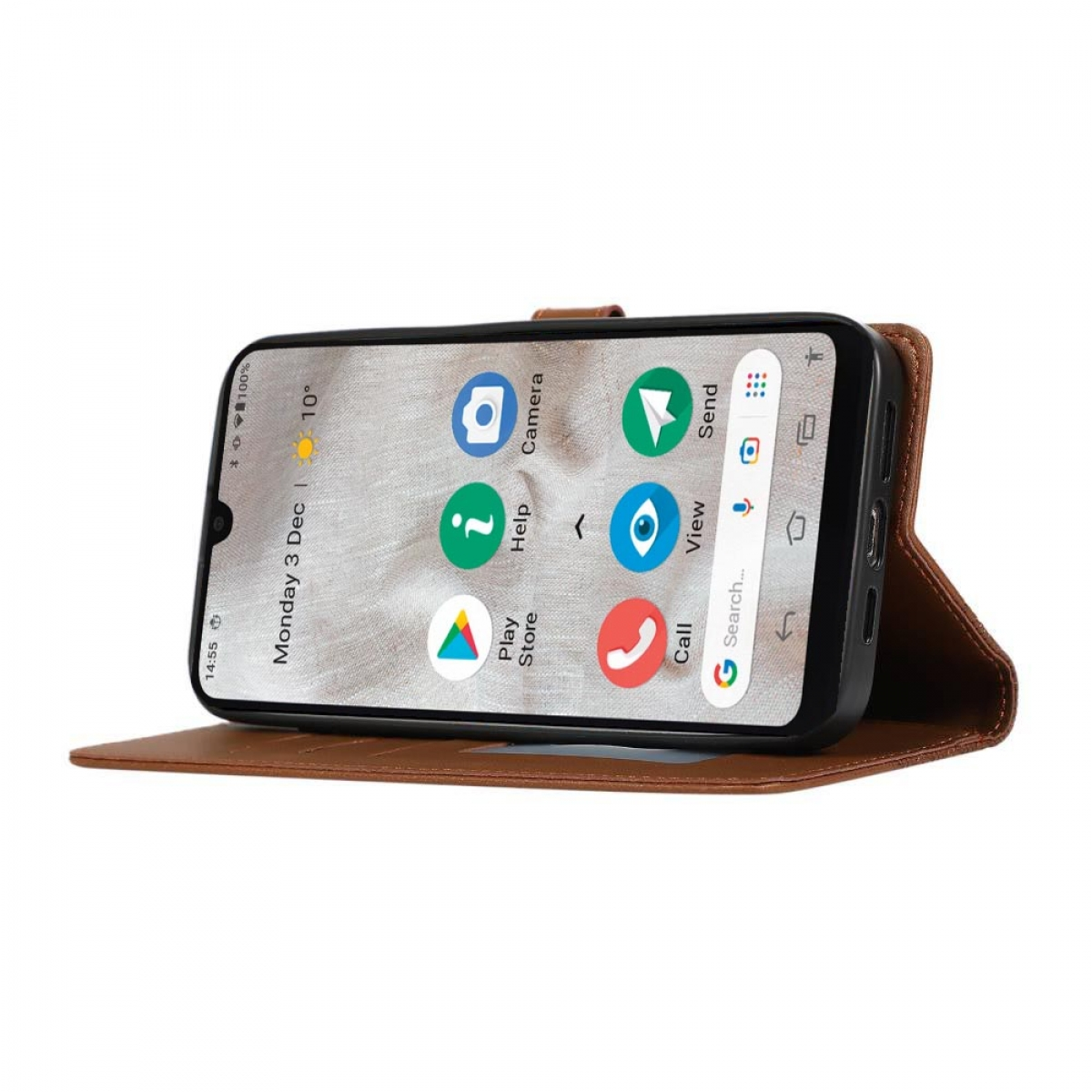 Geöffnete braune Handyhülle mit Telefon. Brauner Hintergrund. Das Telefon ist geneigt.