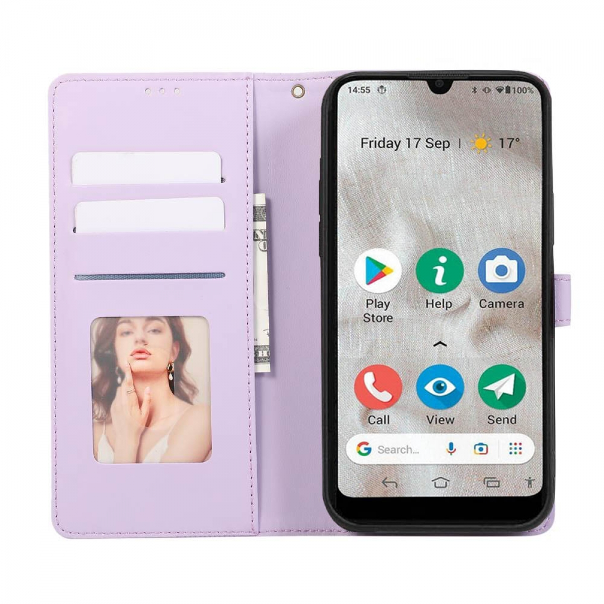 Ein Smartphone in einem lilafarbenen Brieftaschenetui. Das Telefon zeigt Apps auf dem Bildschirm an.