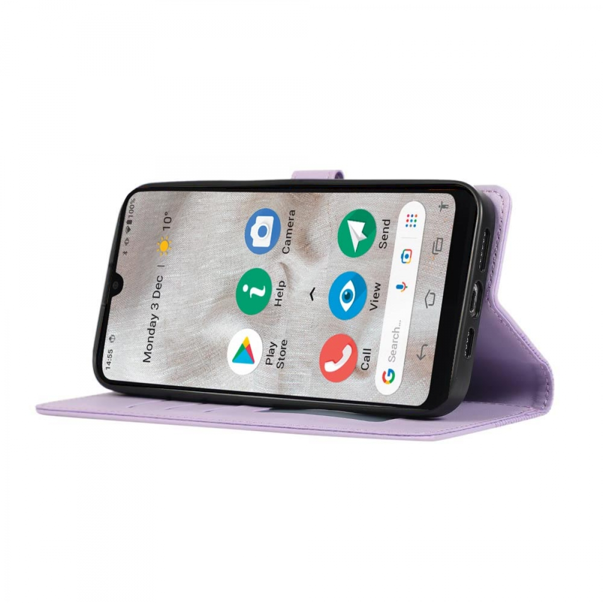 Ein geöffnetes lavendelfarbenes Handycase, das ein Handy mit Apps und dem Datum zeigt.