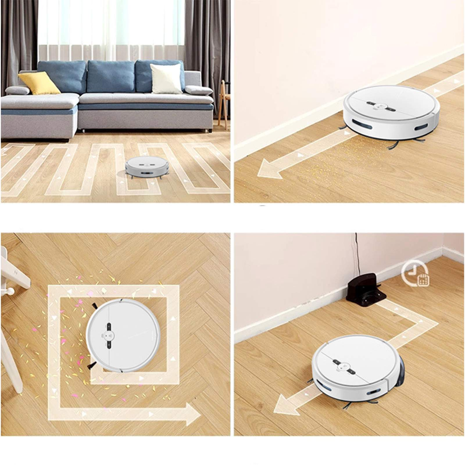 Roboter-Staubsauger reinigt Holzboden in einem Raum mit Sofa. Pfeile zeigen den Reinigungsweg.