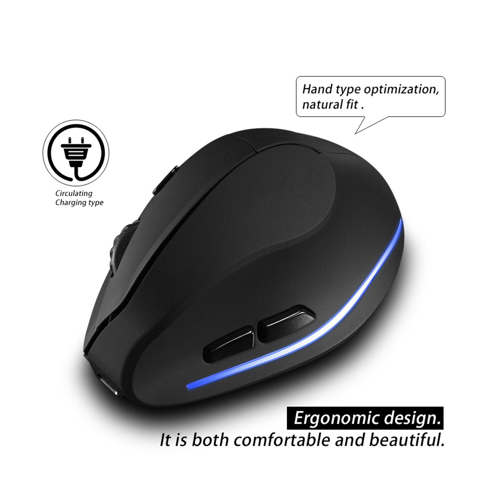 Schwarze ergonomische Maus mit Ladeanschluss-Symbol und Text über komfortables Design.