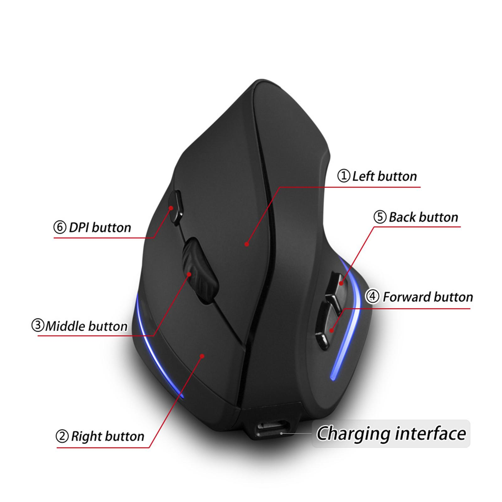 Schwarze ergonomische Maus mit beschrifteten Tasten, einschließlich links, rechts, Mitte, DPI, zurück, vorwärts.