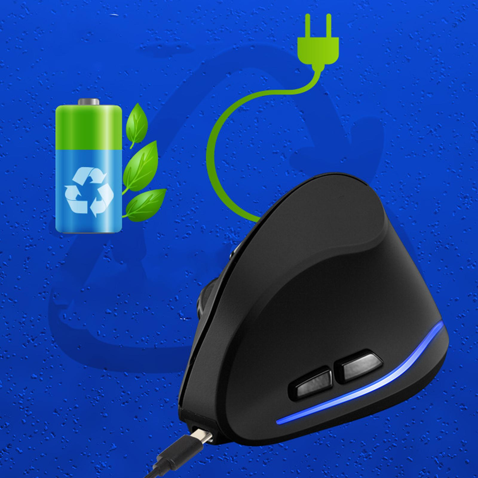 Schwarze ergonomische Maus, verbunden mit Stecker und Ladekabel, mit Batterie- und Blattsymbol.