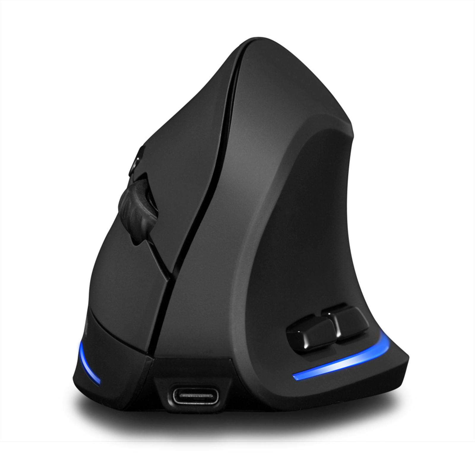 Schwarze ergonomische Maus mit vertikalem Design und blauer Beleuchtung.