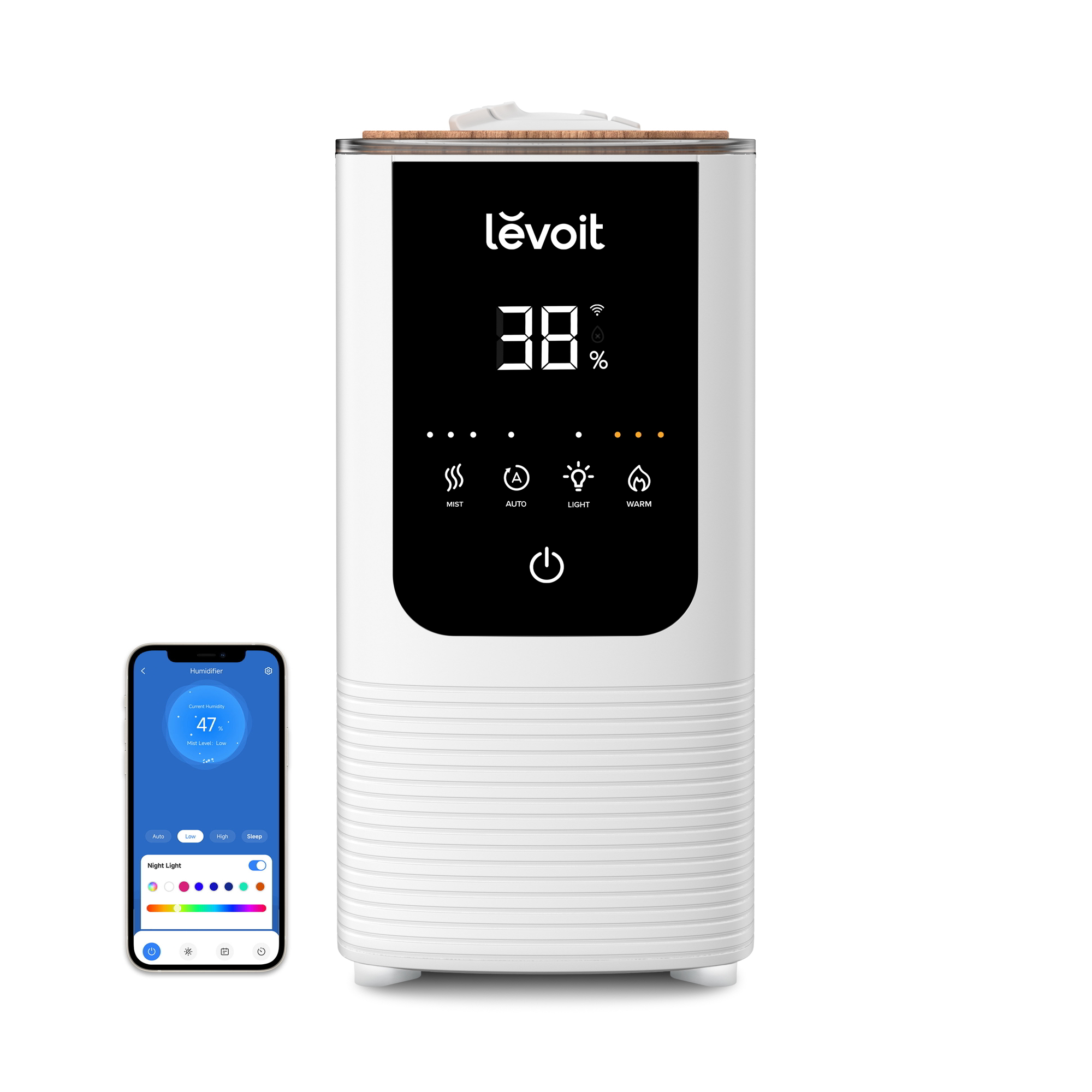 Biały nawilżacz z cyfrowym wyświetlaczem, widać smartfon z aplikacją.