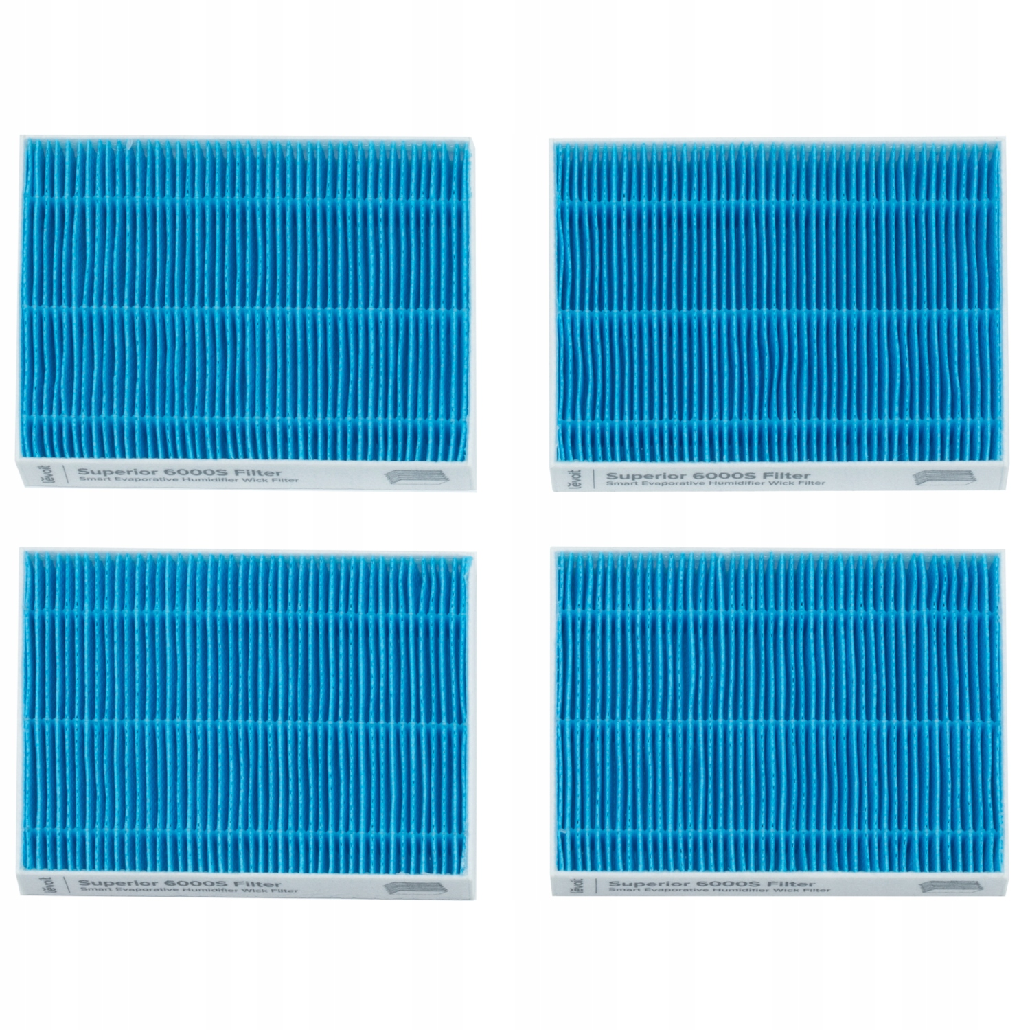 Cztery niebieskie filtry powietrza ułożone w kwadrat na białym tle, z tekstem na dole.